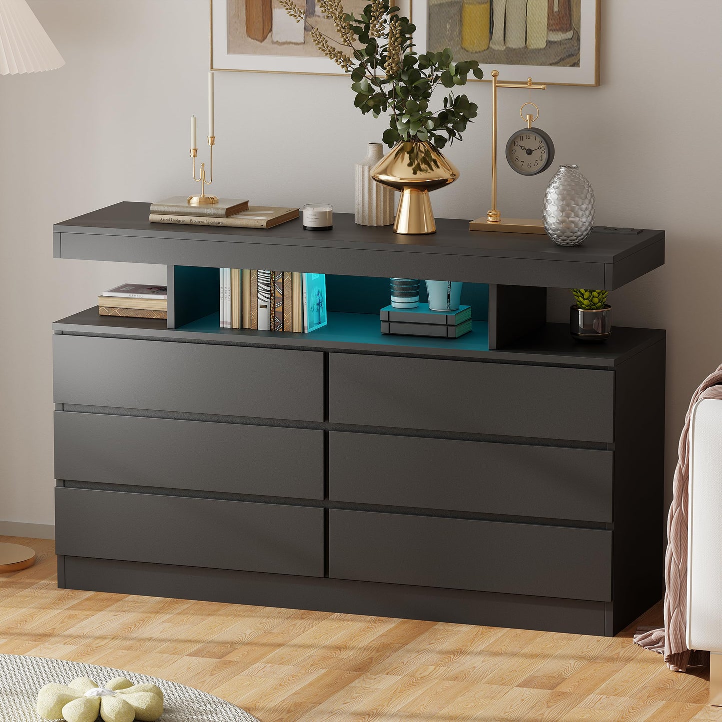 BEWISHOME Black Dresser for Bedroom with Charging Station and LED Lights, 6 Drawer Dresser Chests of Drawers, Wood Dressers for Closet, Modern Wide Dressers with Open Space, TV Stand, Black KCG02B