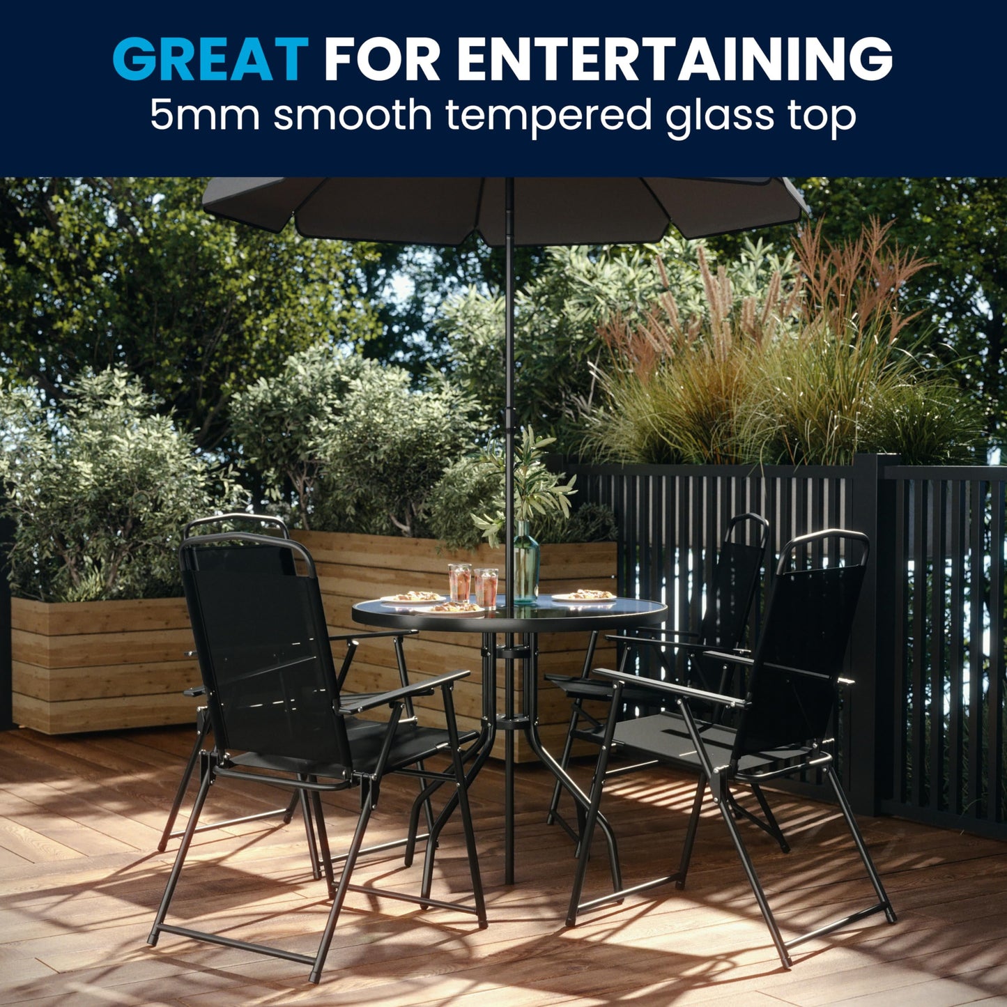 Flash Furniture Nantucket 6-Piece Patio Dining Set with Glass Table, 4 Folding Chairs, and Umbrella, Outdoor Patio Set, Black