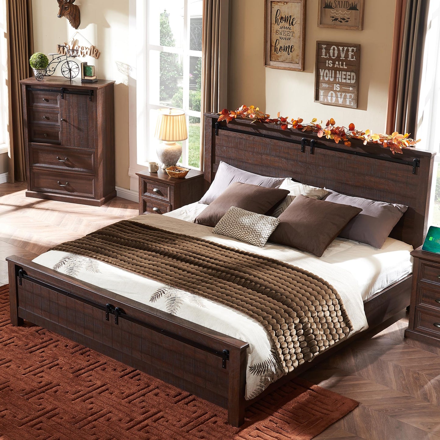 IFGET Farmhouse King Size Bed Frame with 47" Headboard, Wood Bed Frame with Groove Sliding Barn Door Footboard, Platform Bed with Wood Slats Support, No Box Spring Needed (Brown)