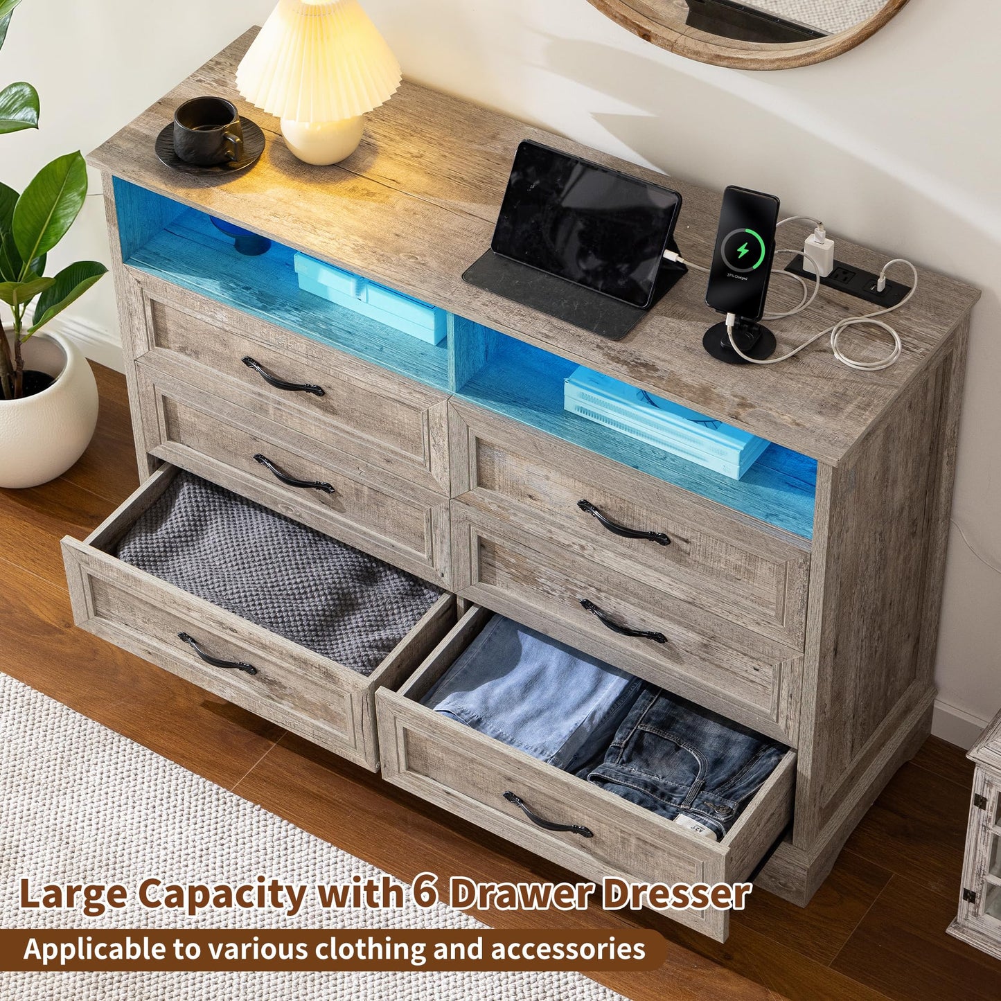 Homkdom Dressers for Bedroom,6 Drawers Dresser with LED Light,Power Outlets and Open Shelves,Chests of Drawers for 65 inch TV, for Hallway, Entryway, Light Rustic Oak