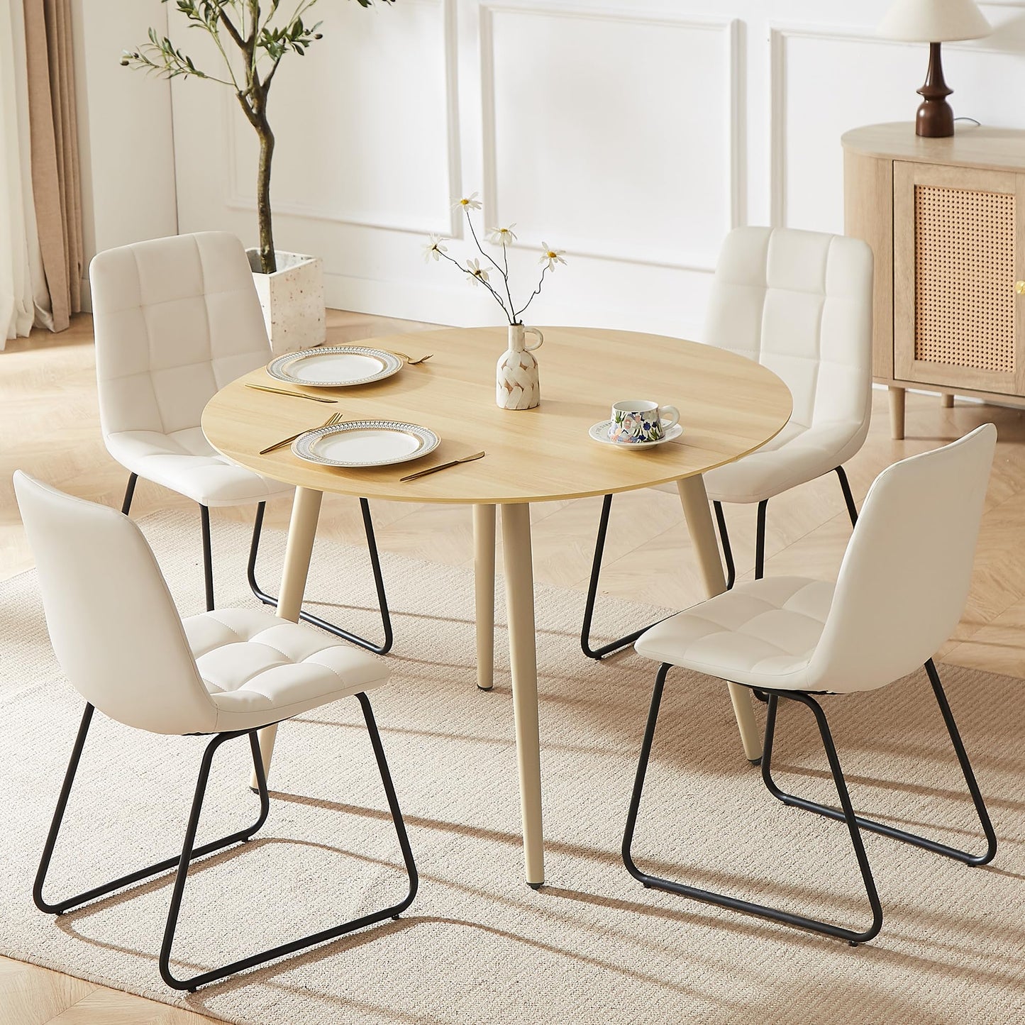 HIPIHOM 43.3 Inch Round Dining Table Set for 4, Modern Small Kitchen Coffee Set for Dining Room Kitchen Apartment (Cream Table+4 U-Shaped White Chairs)