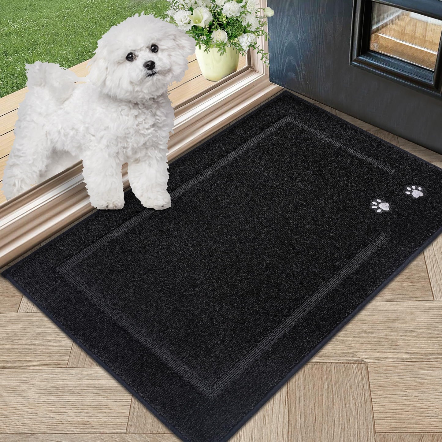 BEQHAUSE Dog Door Mat for Muddy Paws 20"x32" Dirt Trapper Absorbent Doormat Non Slip Entryway Rugs Washable Stain Resistant Welcome Floor Mat Soft Low-Profile for Front Back Door, Black