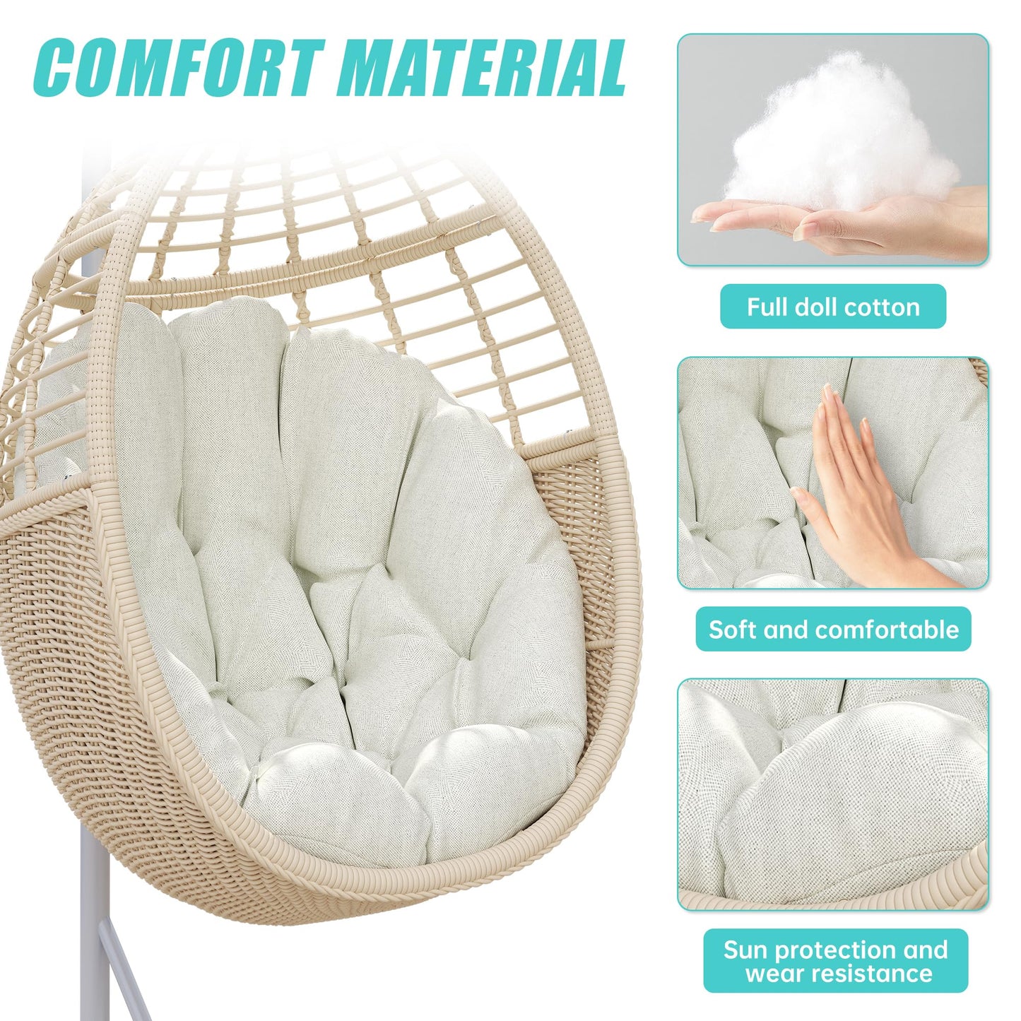 Erotr Egg Swing Chair with Stand: Hand Woven PE Rattan Hanging Chairs Hammock - Indoor Outdoor Swinging Lounger with Soft Cushion for 330lbs Patio Balcony Garden Living Room Bedroom Porch, Beige