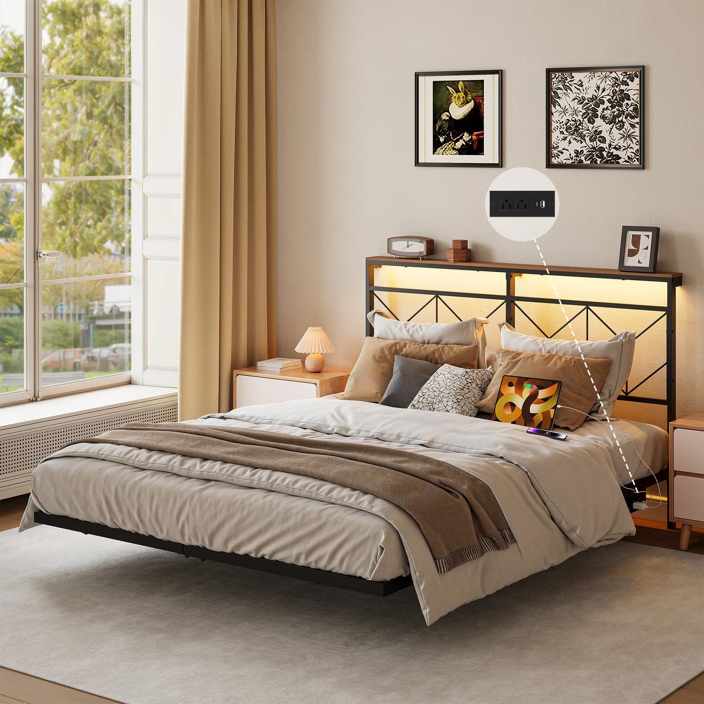 HAUSOURCE Full Size Floating Bed Frame with Storage Headboard Metal Platform Bed Frame with LED Lights and Charging Station Easy Assembly No Box Spring Needed