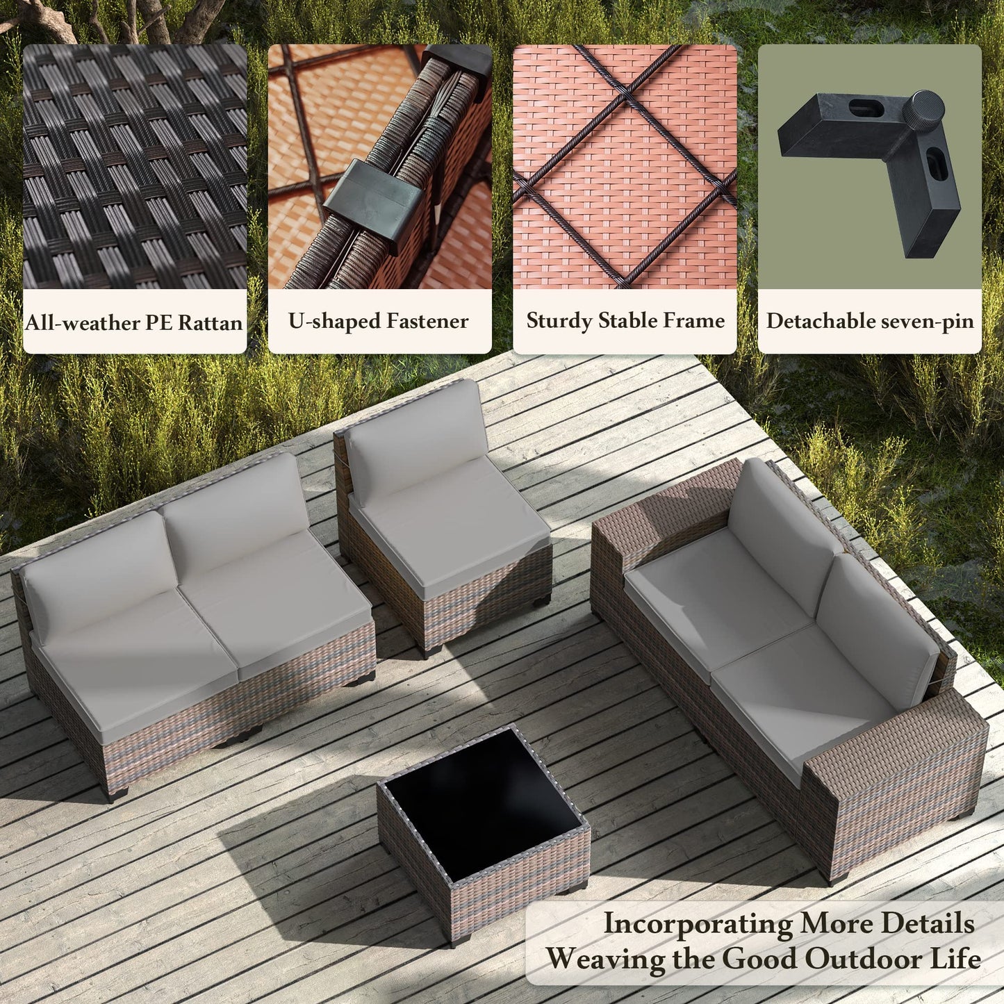 RTDTD Outdoor Patio Furniture Set, 6 Pieces Outdoor Furniture All Weather Patio Sectional Sofa PE Wicker Modular Conversation Sets with Coffee Table,5 Chairs & Seat Clips (Grey)