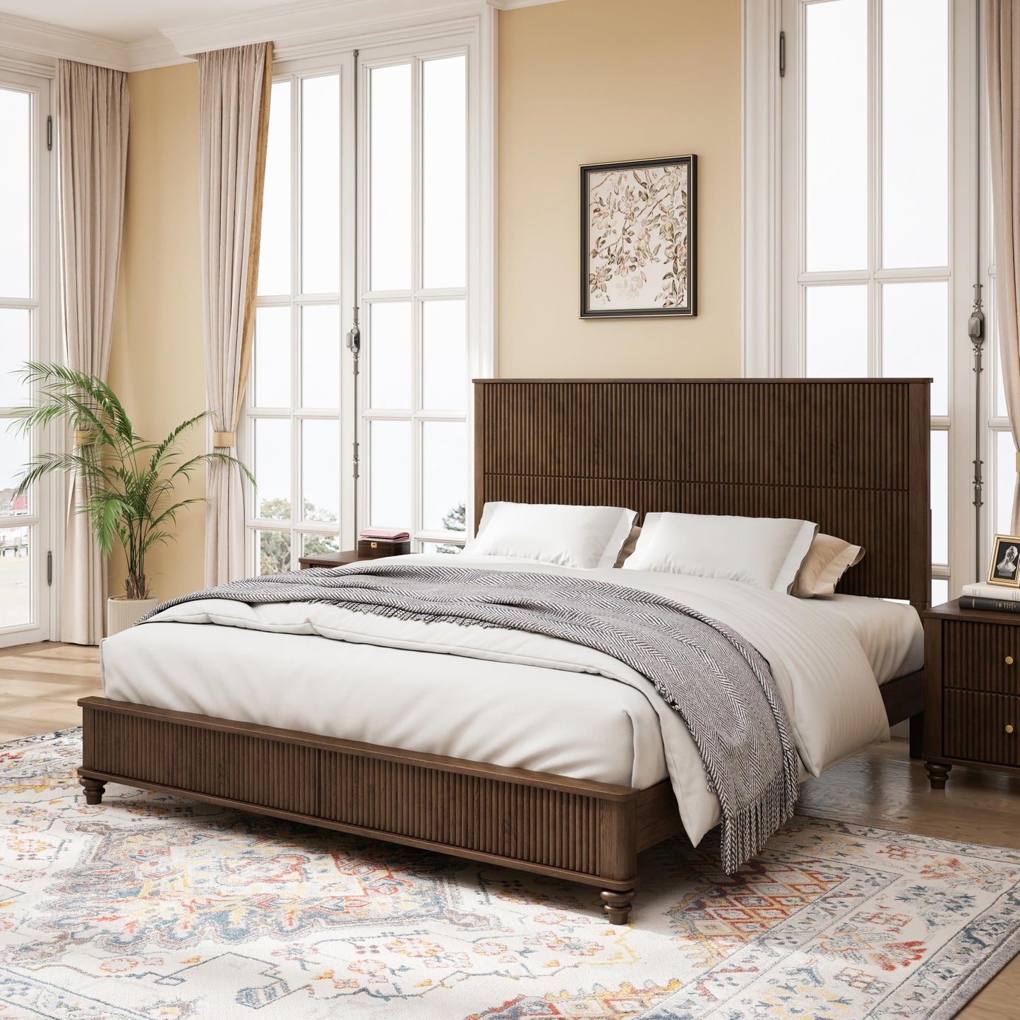 SABAITEC King Size Solid Wood Platform Bed Frame, Solid Wood Bed with 79.13" Headboard, Solid Wood Leg/No Box Spring Needed/Noise Free/Brown