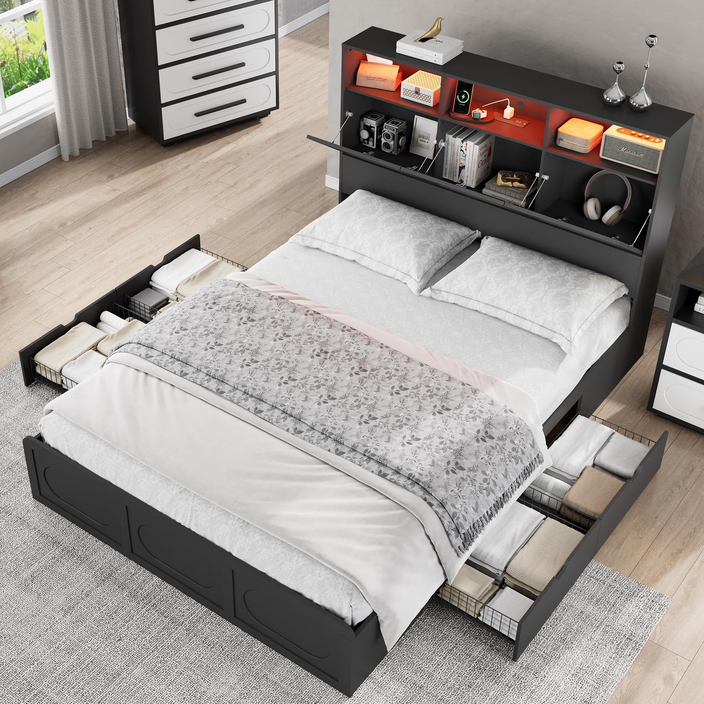 Modern Black Queen Size Bed Frame with 4 Storage Drawers, 48" Tall Storage Headboard with Charging Station, Platform Bed with LED Lights, No Box Spring Needed, Easy Assembly