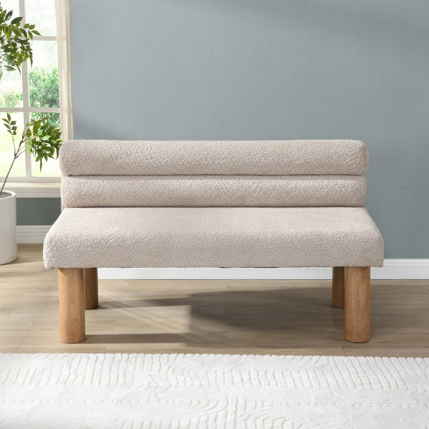 GDFStudio Upholstered Boucle Dining Bench with Backrest Farmhouse Entryway Bench with Rubber Wood Legs Long Indoor Bench for Bedroom Living Room End of Bed Dining Room Seating, Light Grey