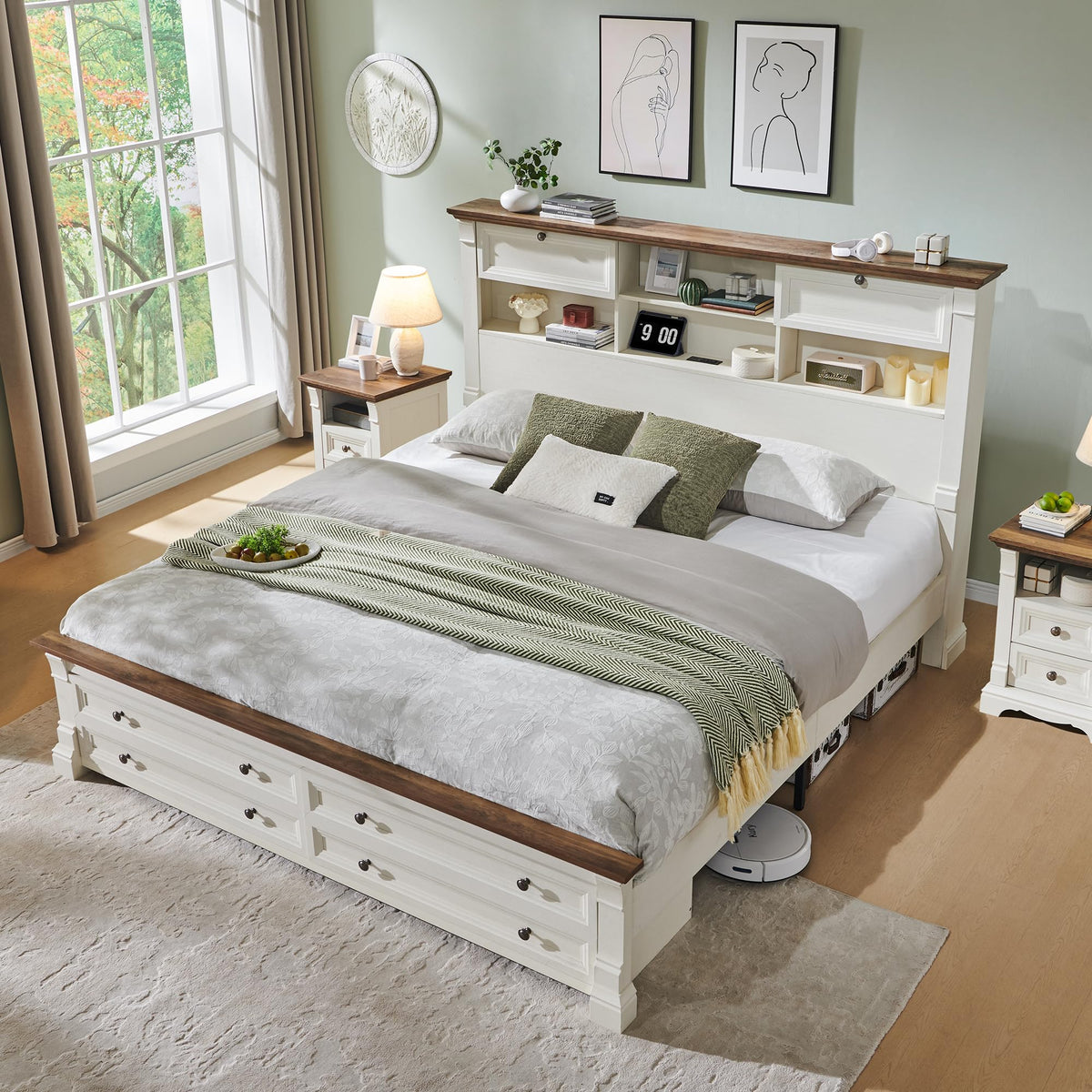 Farmhouse Queen Size Bed Frame with 54" Tall Storage Bookcase Headboard, Wood Platform Bed Frame with 2 Drawers & 18" Tall Roman Column Decoration Footboard, No Box Spring Needed(Antique White)
