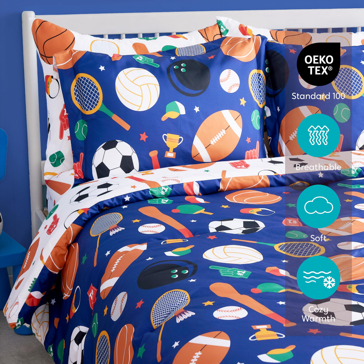 Joiedomi Kid Full Comforter Set 7 Piece Ball Sports Bedding Set for Boys Girls Super Soft Microfiber Bed in a Bag with Comforter Sheets Pillowcase Sham