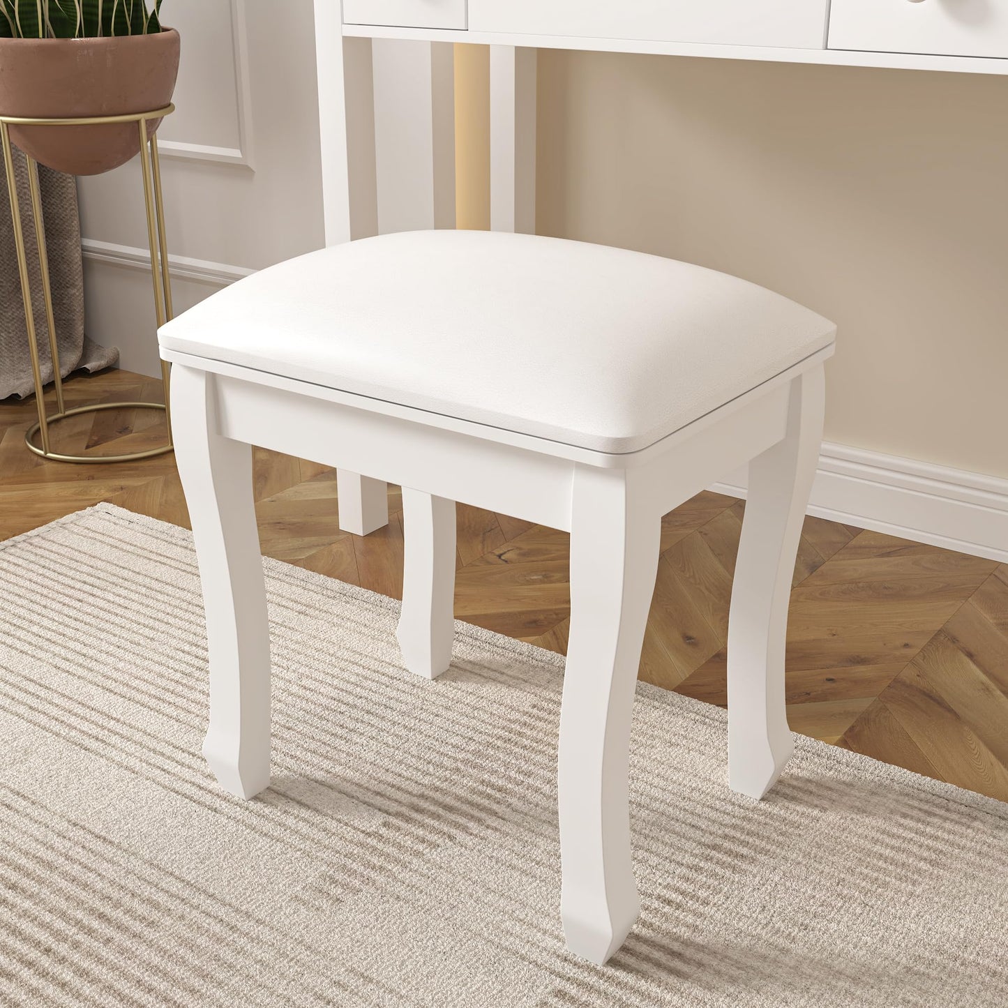 Organizedlife Square Vanity Stool Chair, High Elastic Cotton Makeup Bench, Modern Padded Piano Stool Seat for Makeup Room, Bathroom, Living Room, Ottoman, White (Curved Leg, White)