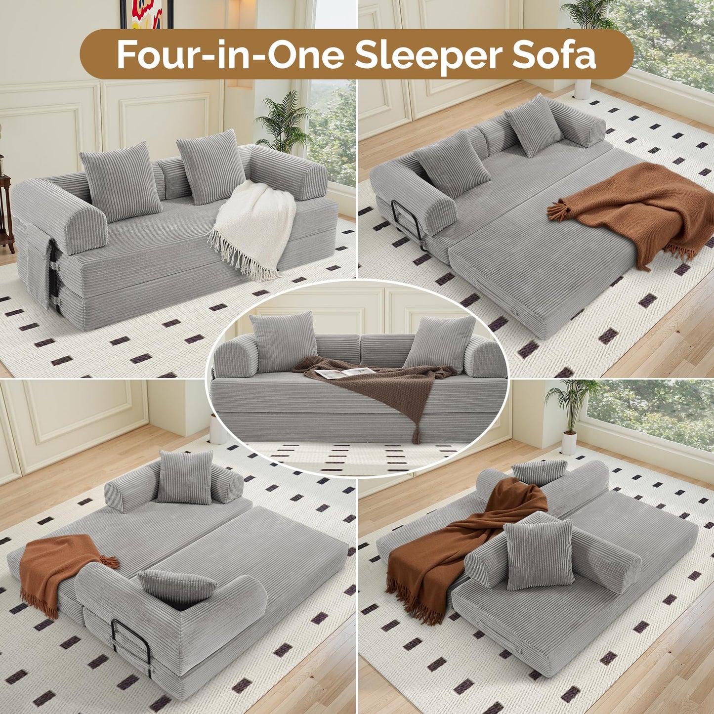 Luxanimarion Convertible Coarser Corduroy Sleeper Sofa Bed with Cylindrical Pillow, Folding Mattress Couch with Fixed-Shape Frame, Floor Sofa Lounge Couch for Living Room Bedroom Lounge Studio, Grey