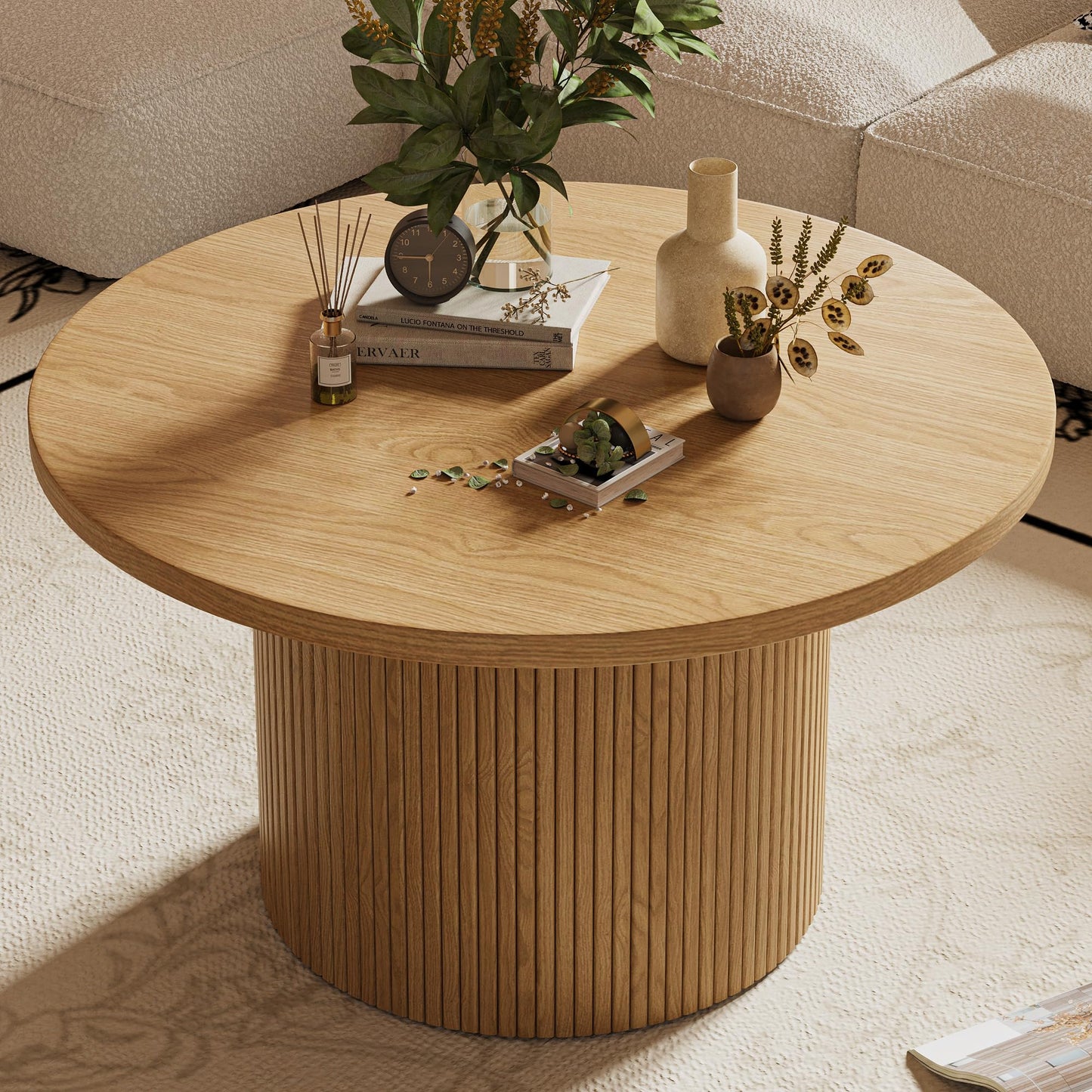 MAISONARIA Round Coffee Table with Storage, 35" Coffee Tables for Living Room, Circle Wood Accent Center Table for Apartment, Oak