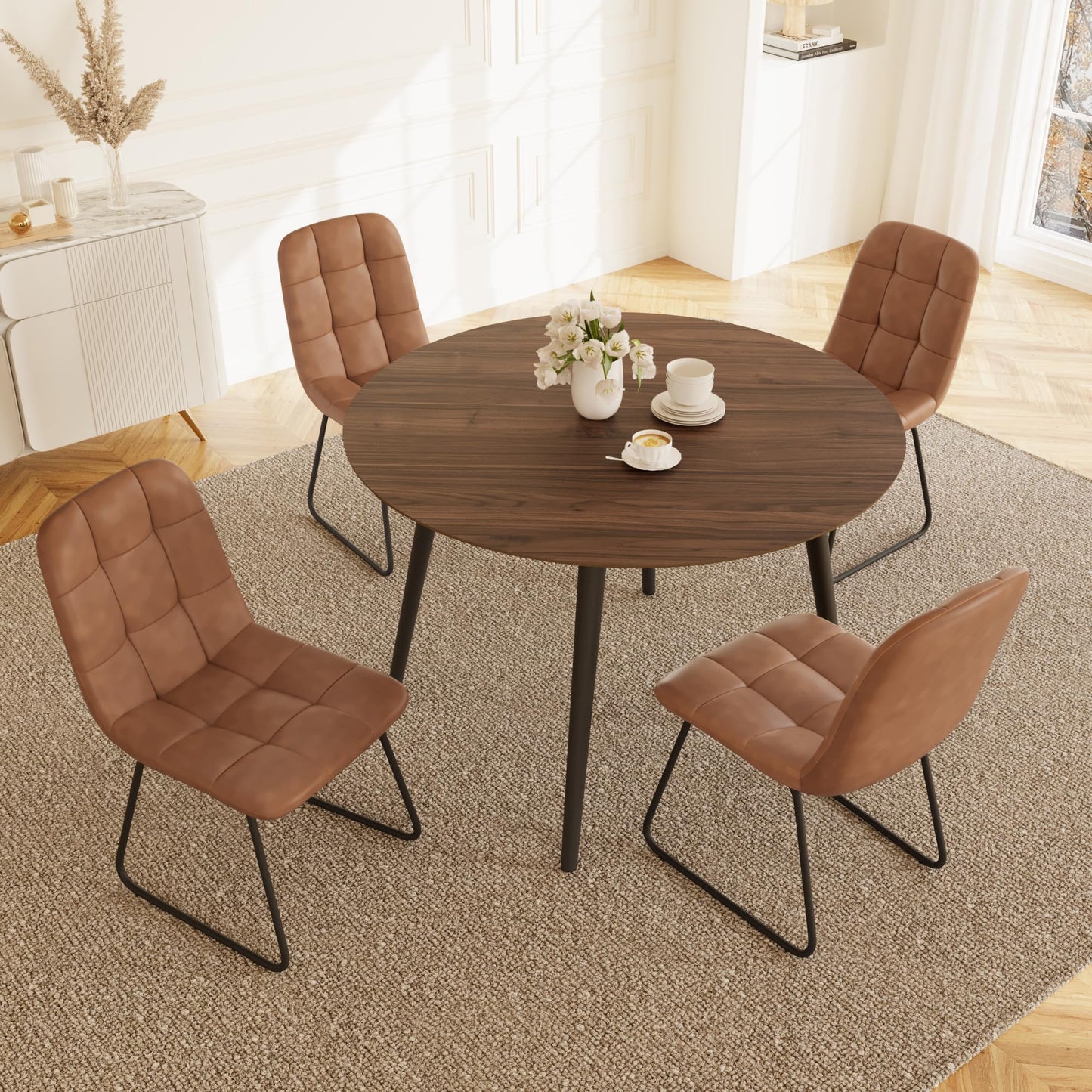 HIPIHOM 43.3 Inch Round Dining Table Set for 4, Modern Small Kitchen Coffee Set for Dining Room Kitchen Apartment (Walnut Table+4 U-Shaped Brown Chairs)