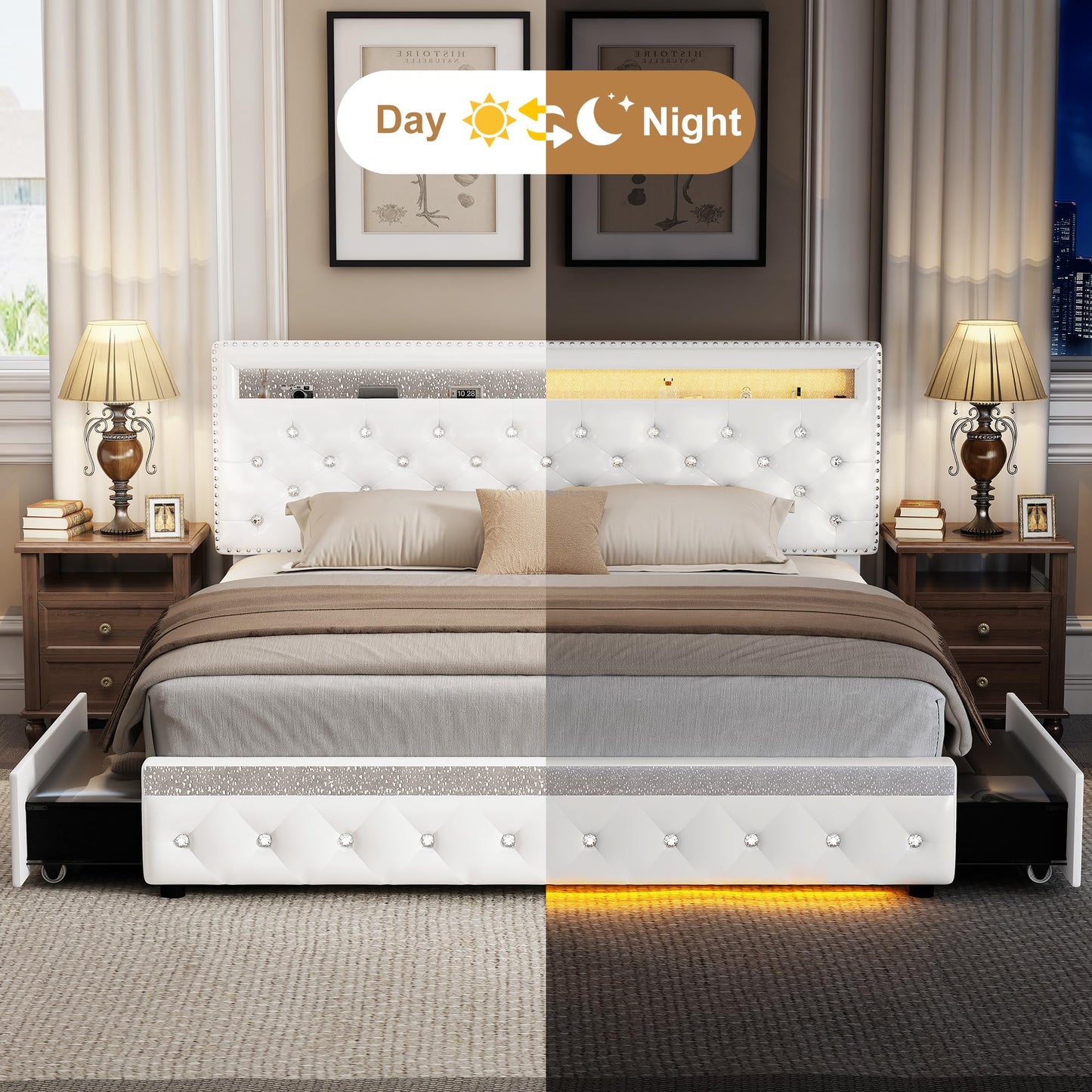 Torana Queen LED Bed Frame with 2 Drawers, PU Upholstered Platform Beds with Adjustable Storage Headboard, Crystal Button Tufted Wingback Bedframe with Wooden Slats, No Box Spring Needed, White