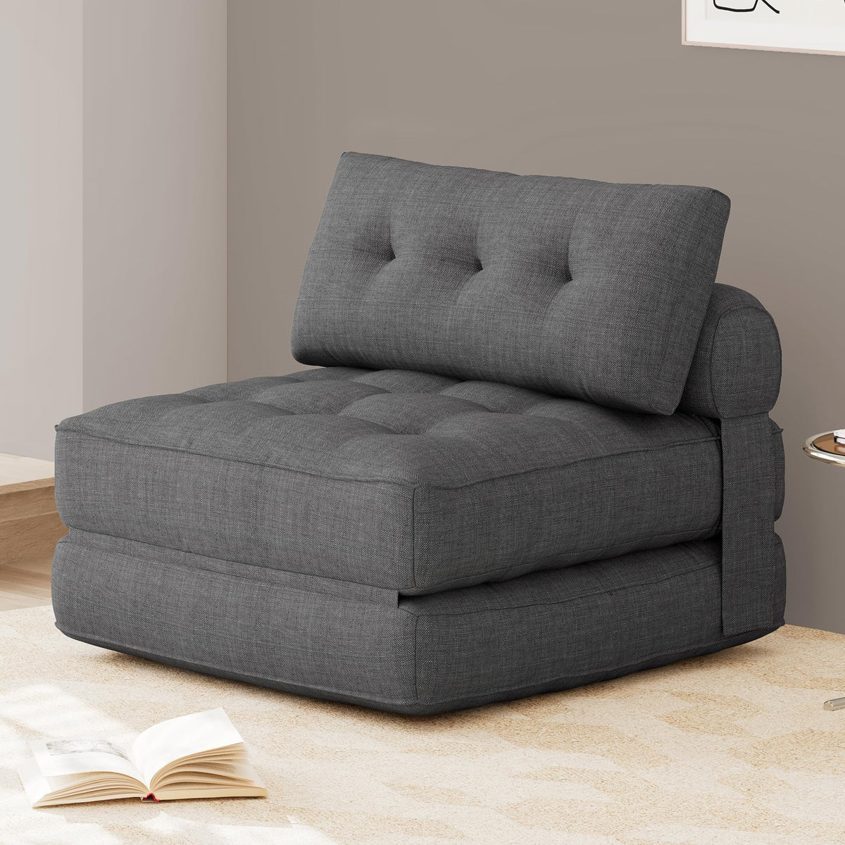 KINGYES Folding Sofa Bed, Convertible Sleeper Chair with Pillow for Adults, Foldable Single Futon Chair Floor Sofa Lounge for Living Room, Grey