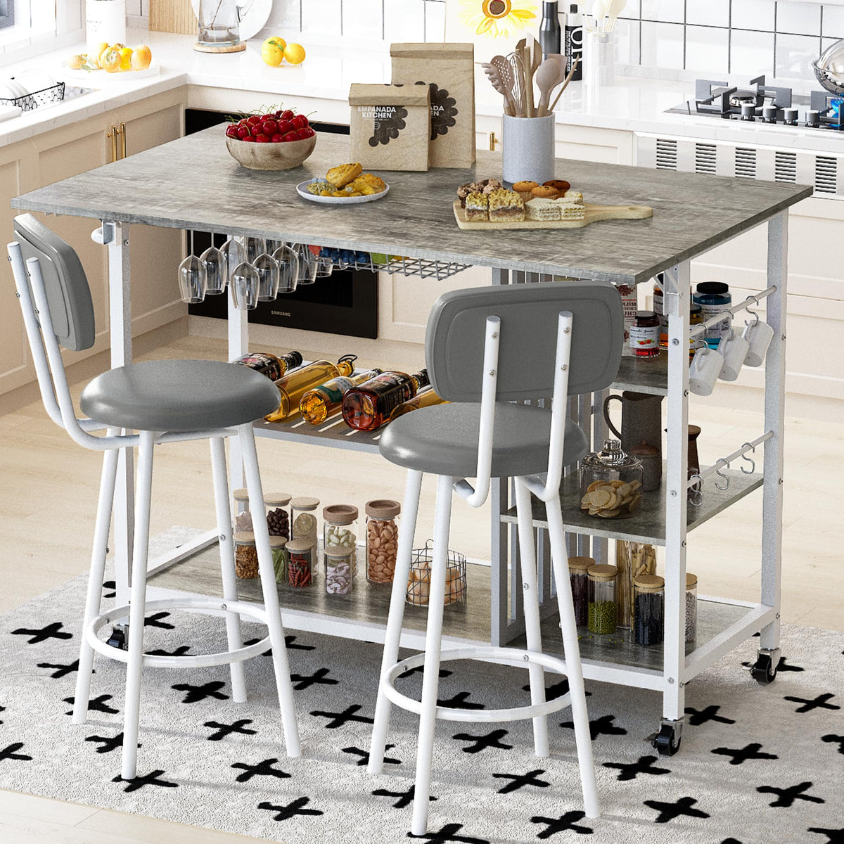 Recaceik Small Kitchen Island Table for 2 with Storage & Seating, Drop Leaf Dining Table Set for Small Space (Grey)