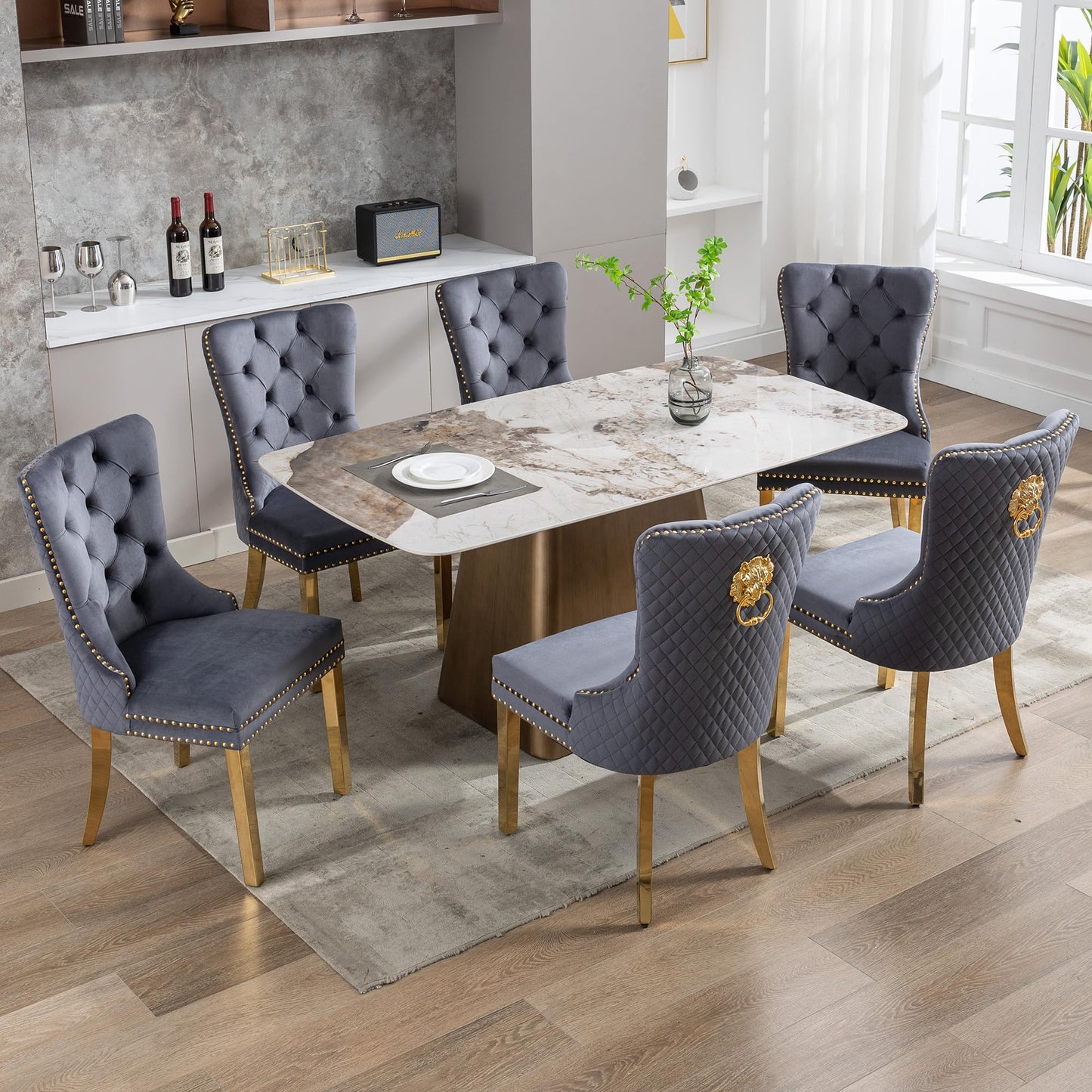 GOOLON Velvet Dining Chairs Set of 6, Upholstered Dining Room Chairs, Mid-Century Modern Chairs with Diamond Lattice Tufted Back, Lion Pull Ring Rivet Trim, Golden Metal Legs for Kitchen, Dark Grey