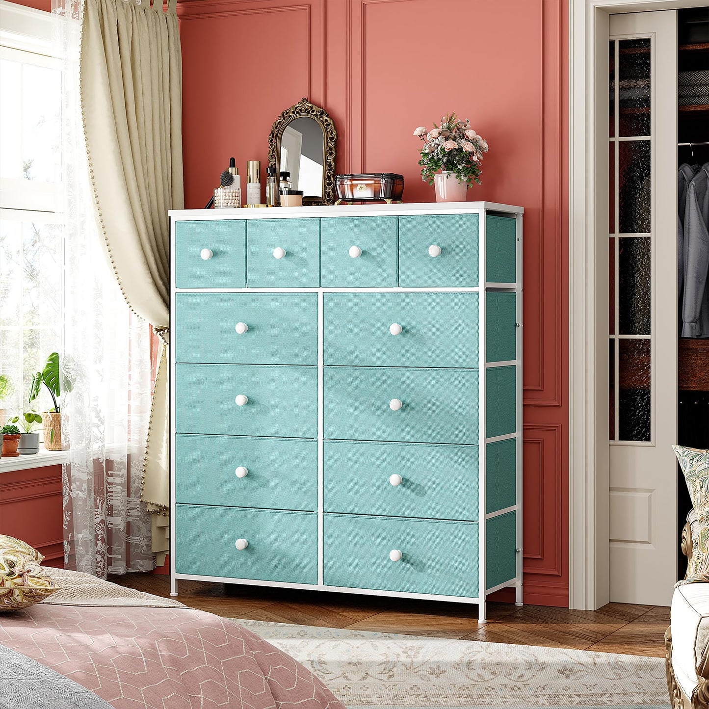 Romorgniz Tall Dressers for Bedroom with 12 Drawers, Fabric Storage Dressers & Chests of Drawers, Sturdy Metal Frame, Wood Top, Closet, Entryway, Bedroom Furniture (Turquoise)