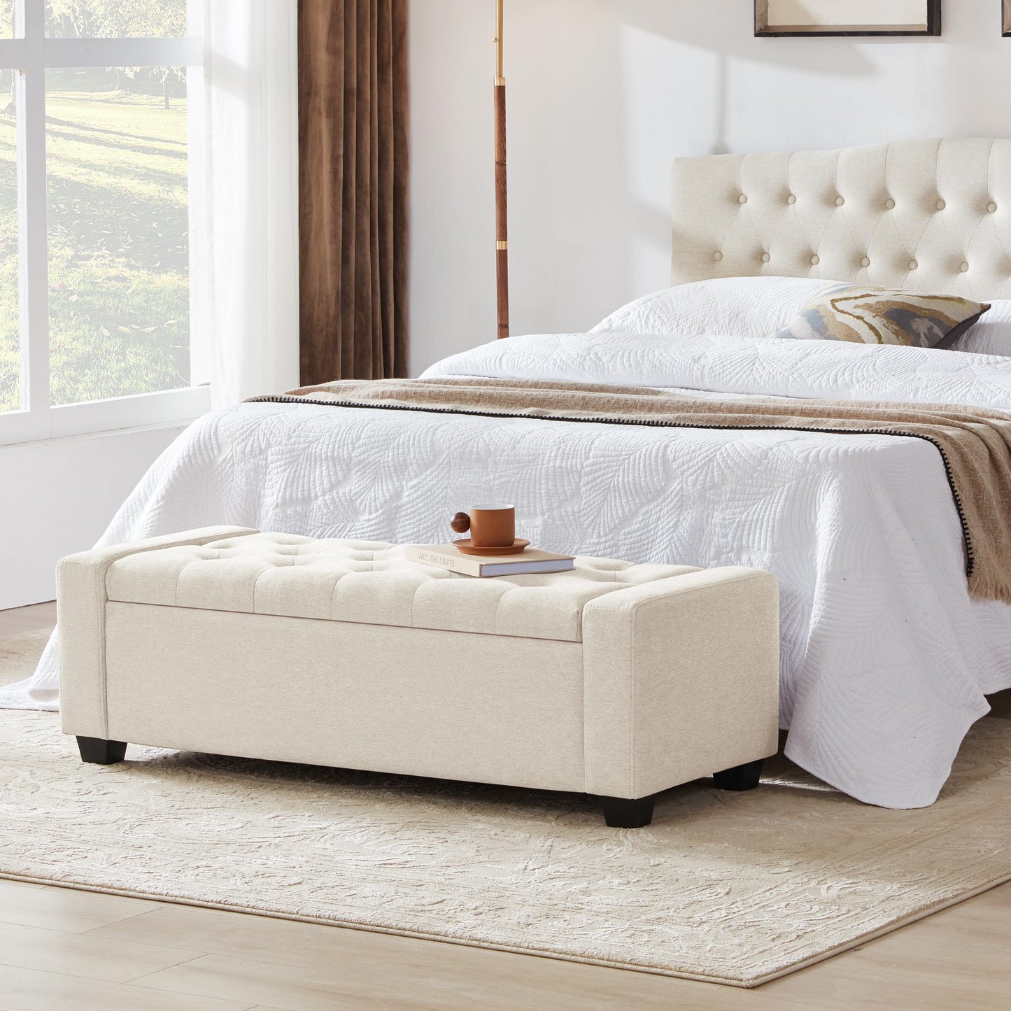 Huatean Home Ottoman with Storage, Storage Ottoman Bench with Safety Hinge, Upholstered Entryway Bench with Seating for Bedroom, Living Room, Holds up to 330 lb, Beige