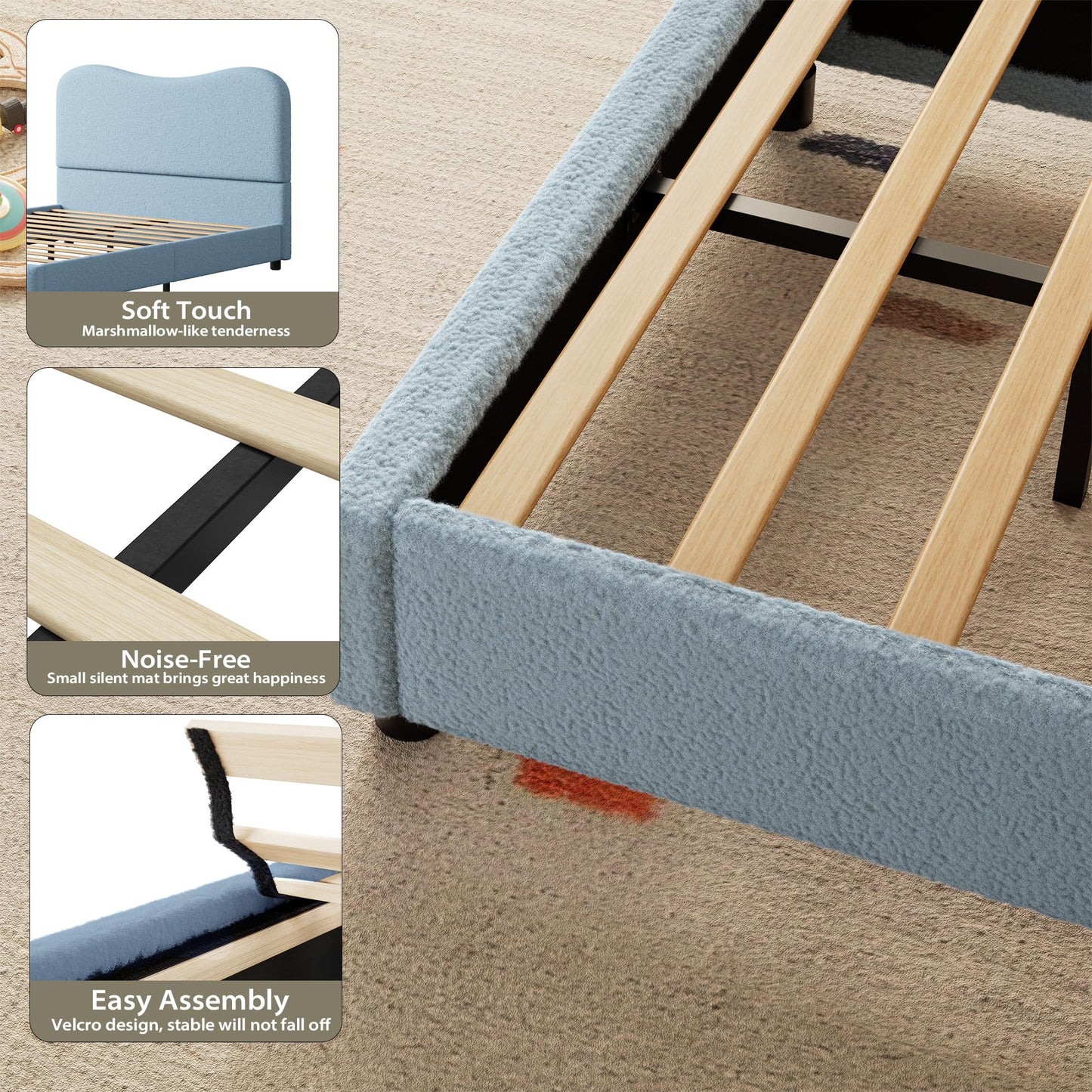 Senfot Blue Twin Kids Bed Frame with Upholstered Headboard, Low Profile Sturdy Platform Bed with Soft Boucle Fabric for Girls and Boys, Heavy Duty, Wooden Slats, Noise Free, No Box Spring Needed