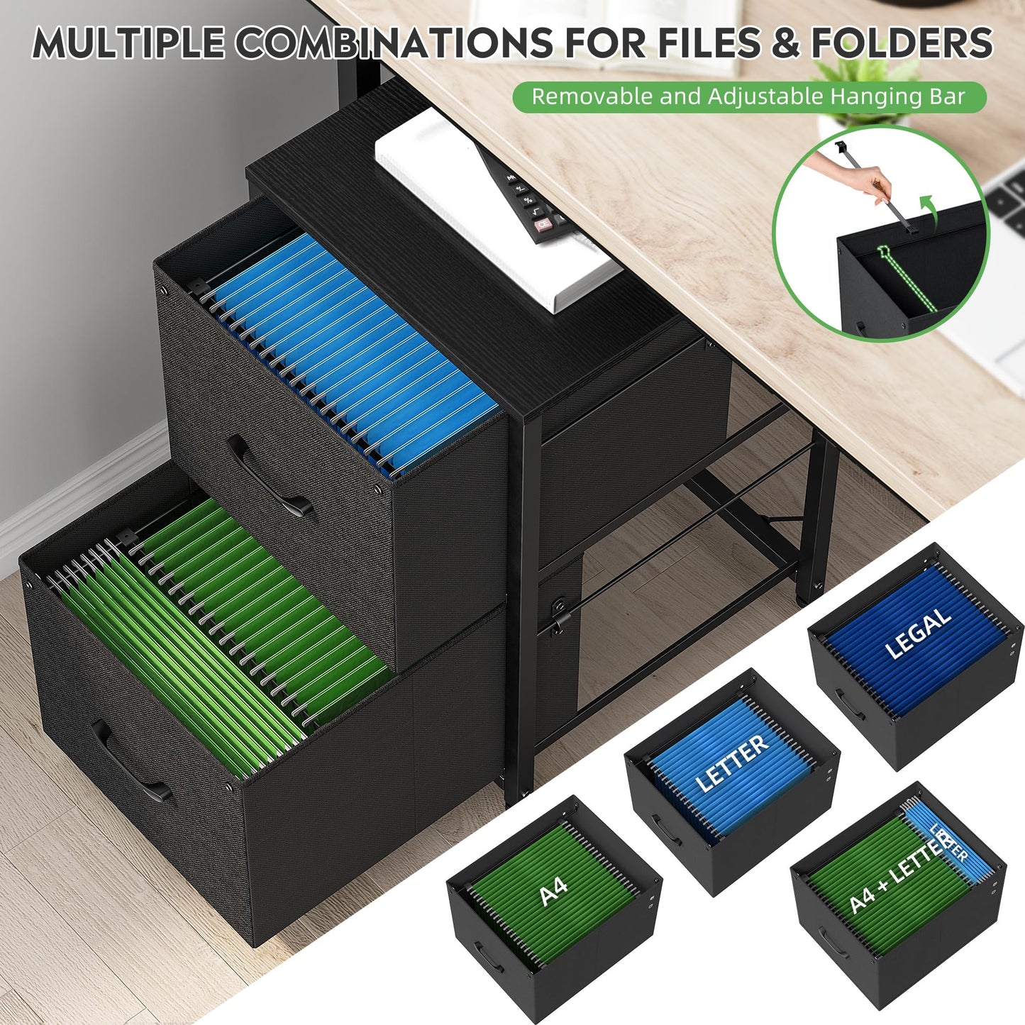 Raybee File Cabinet 2 Drawer Fabric Filing Cabinet Small Rolling Printer Stand Lateral Filing Cabinets Fits A4 Letter Legal Size for Home Office