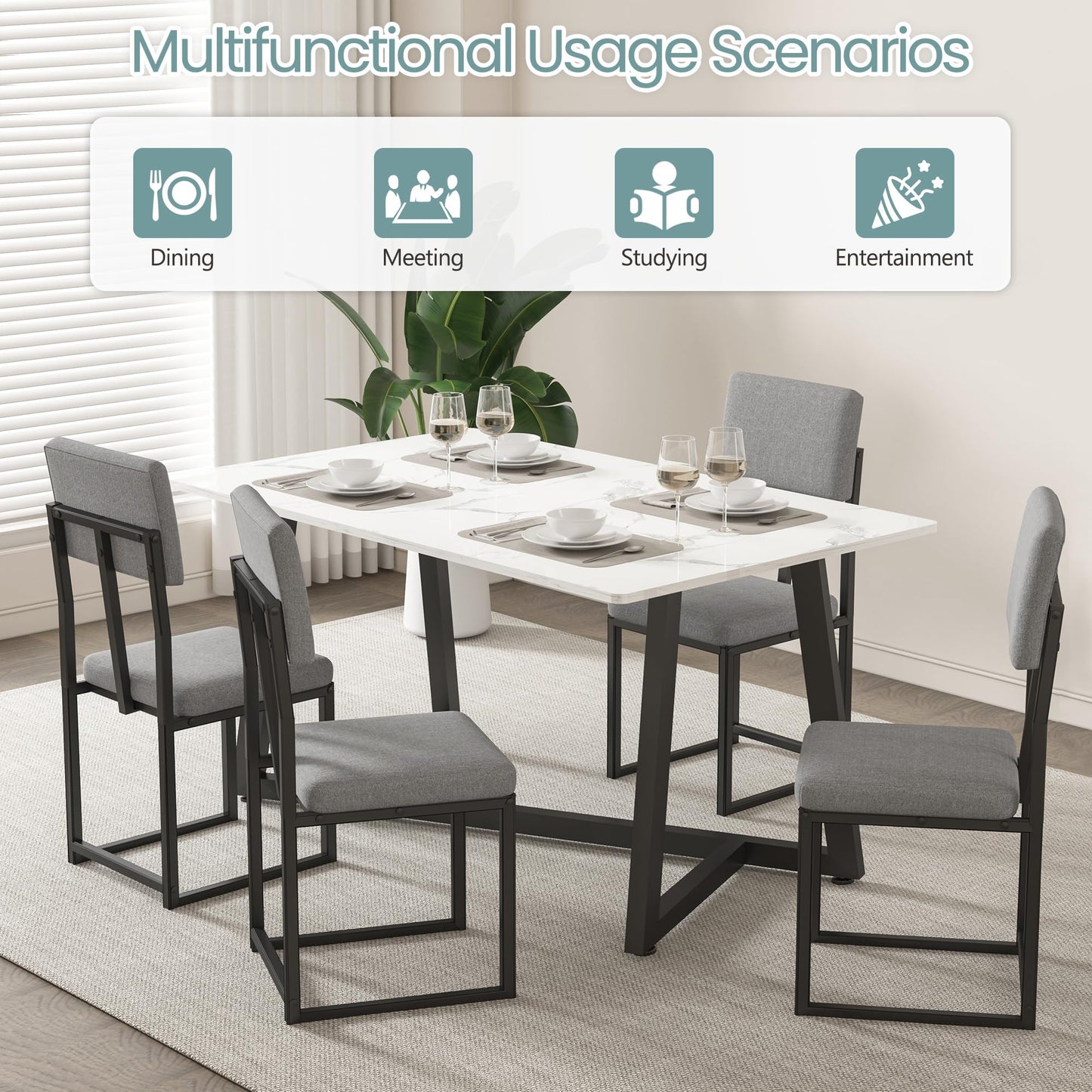 HUGROVE 5-Piece Dining Table Set, 47.27'' Faux Marble Rectangular Table with 4 Linen Upholstered Dining Chairs, Modern Kitchen & Dining Room Furniture for Apartment (Silver)