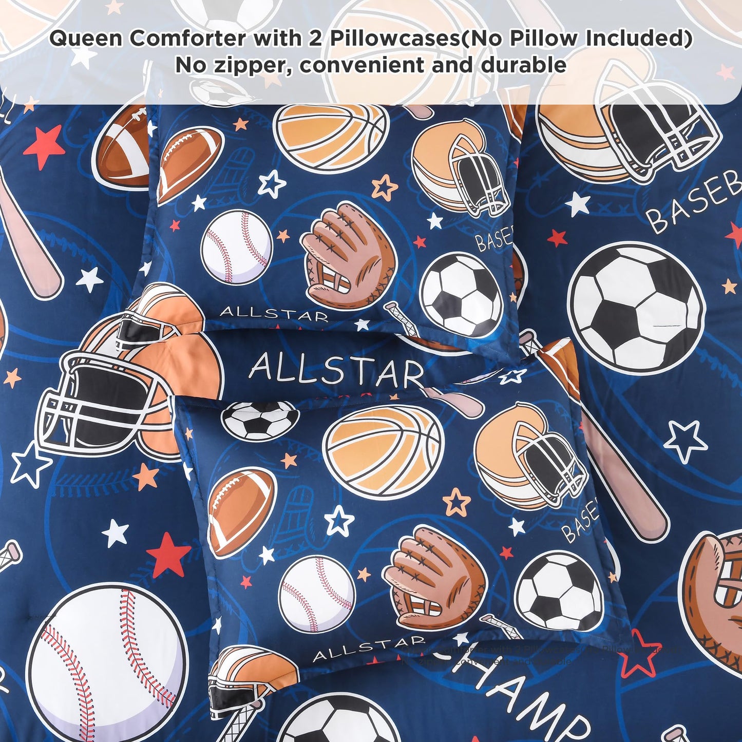 Andency Cartoon Ball Games Comforter Queen(90x90 Inch), 3 Pieces(1 Comforter, 2 Pillowcases) Soccer Basketball Baseball Football Comforter Set Sport Microfiber Bedding Set for Boys Girls Kids Teens
