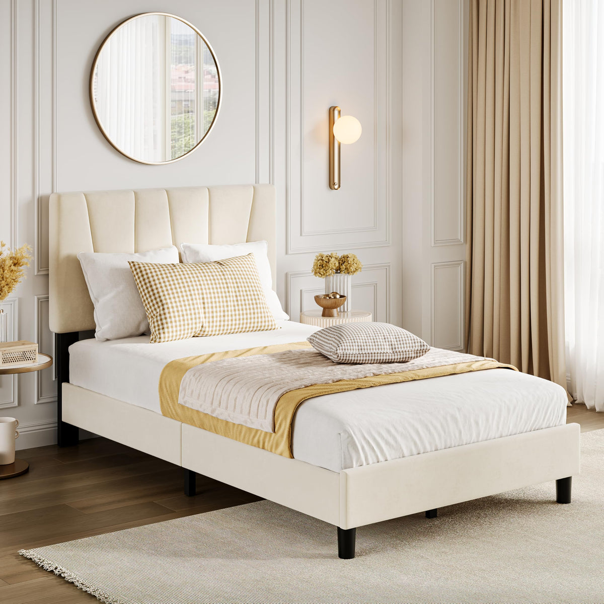 GarveeHome Bed Frame with Headboard Adjustable, Velvet Upholstered Tufted Platform Bedframe No Box Spring Needed (Beige(Velvety Matte Finish), Twin)