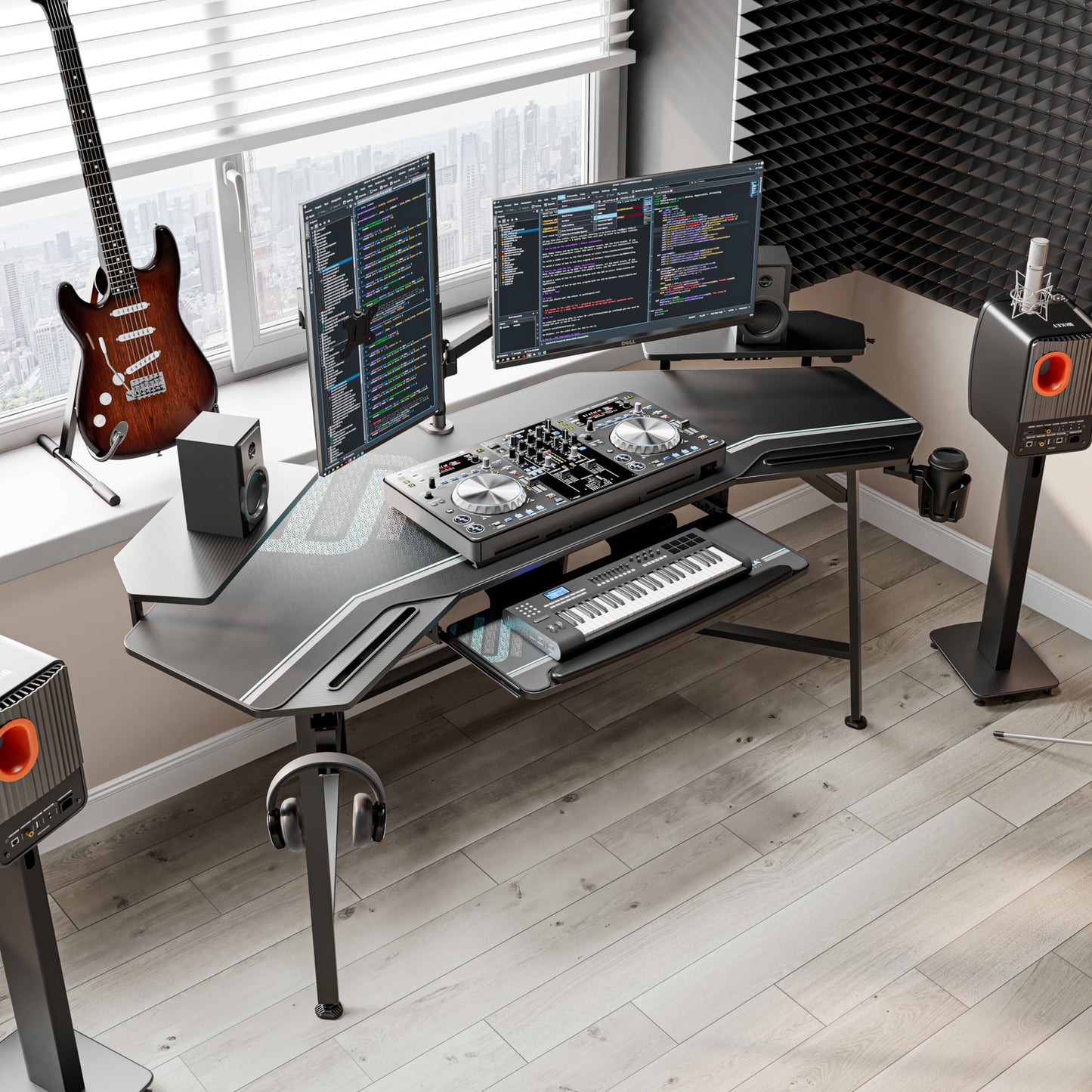 EUREKA ERGONOMIC Aero Gaming Desk with Led Lights, 72" Large Wing-Shaped Studio Desk W Keyboard Tray Monitor Stand Dual Headphone Hanger Cup Holder for Live, Streamer