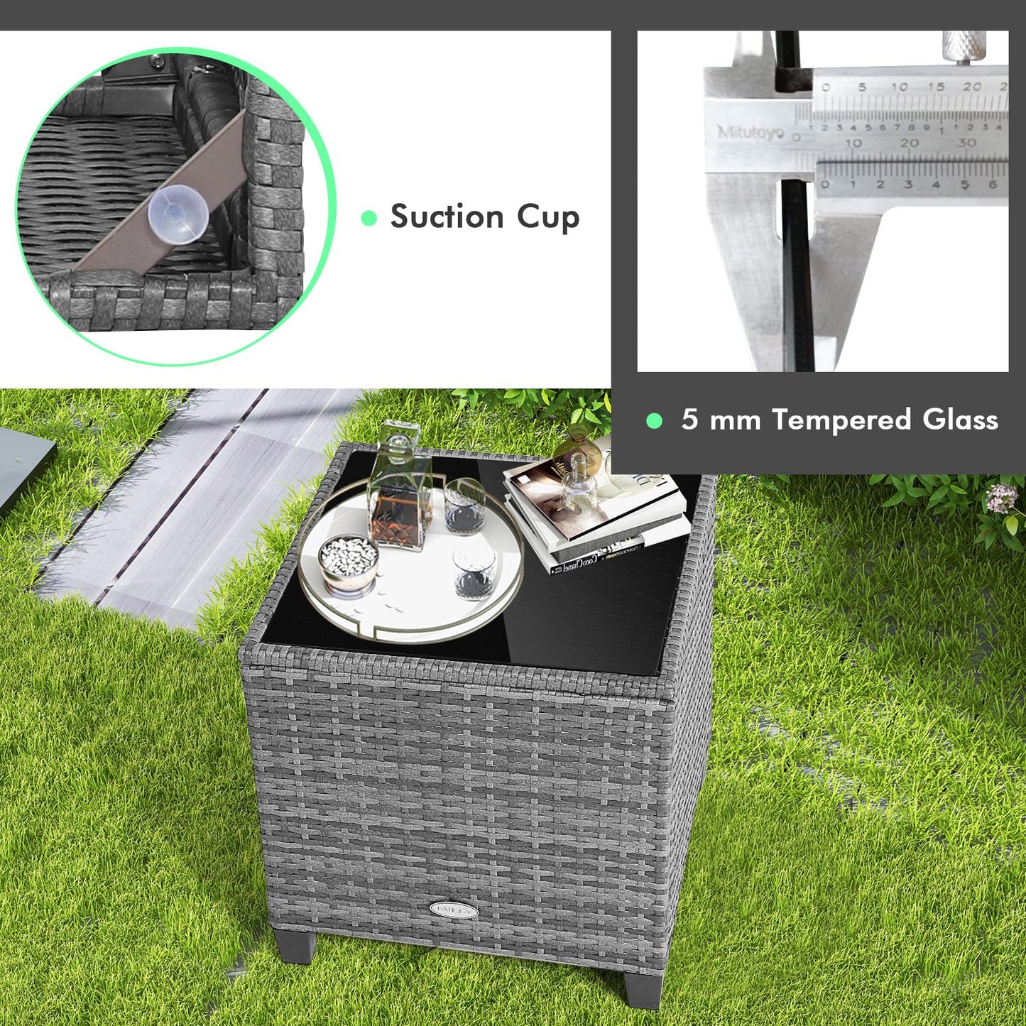Tangkula 3 Pieces Patio Furniture Set, Outdoor PE Rattan Conversation Chair Set with Tempered Glass Side Table and Removable Cushions, PE Wicker Chairs and Table Set for Porch, Balcony and Garden