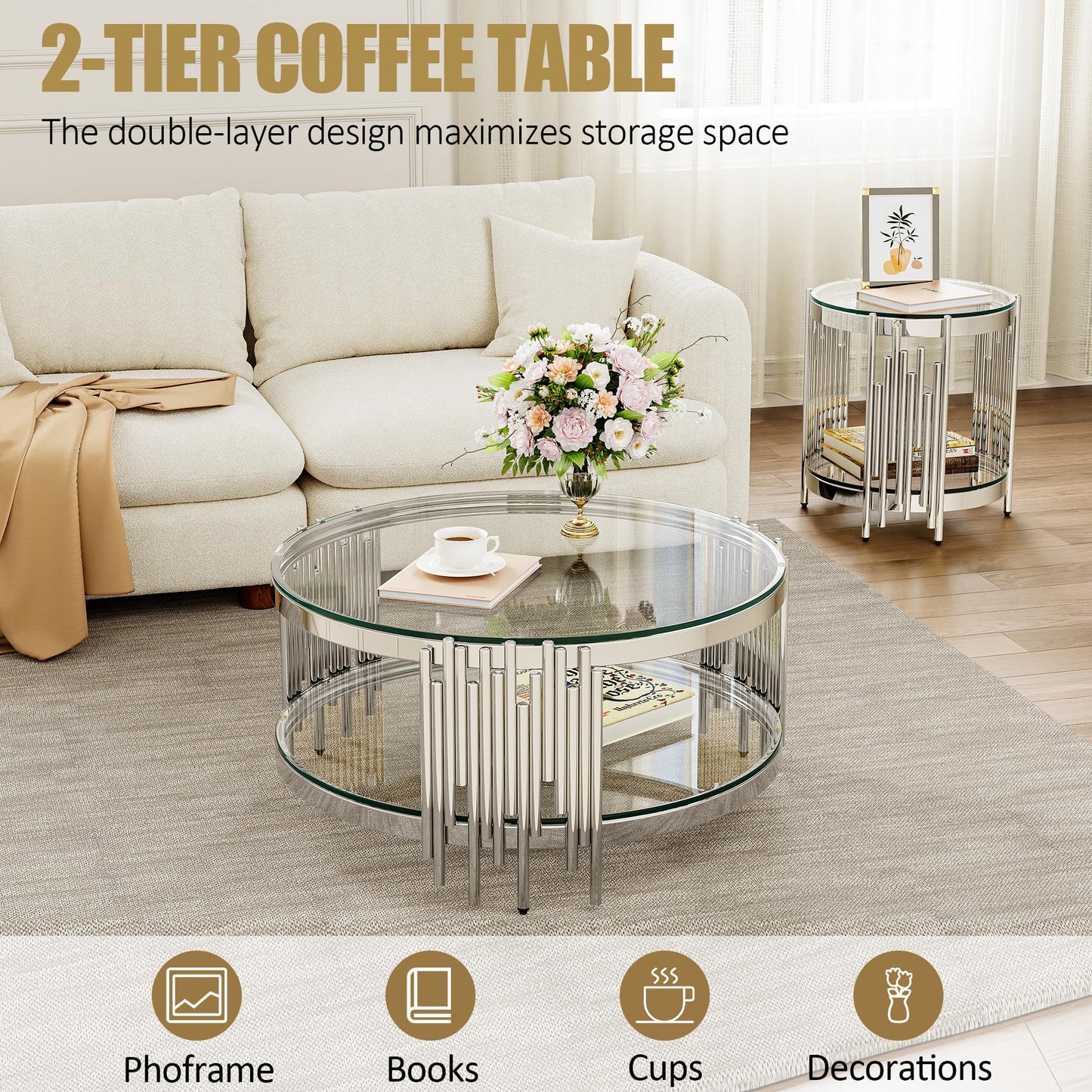 Round Glass Coffee Table, 35" Modern 2-Tier Center Table with Clear Tempered Glass Top and Silver Stainless Steel Base, Coffee Table for Living Room or Small Spaces