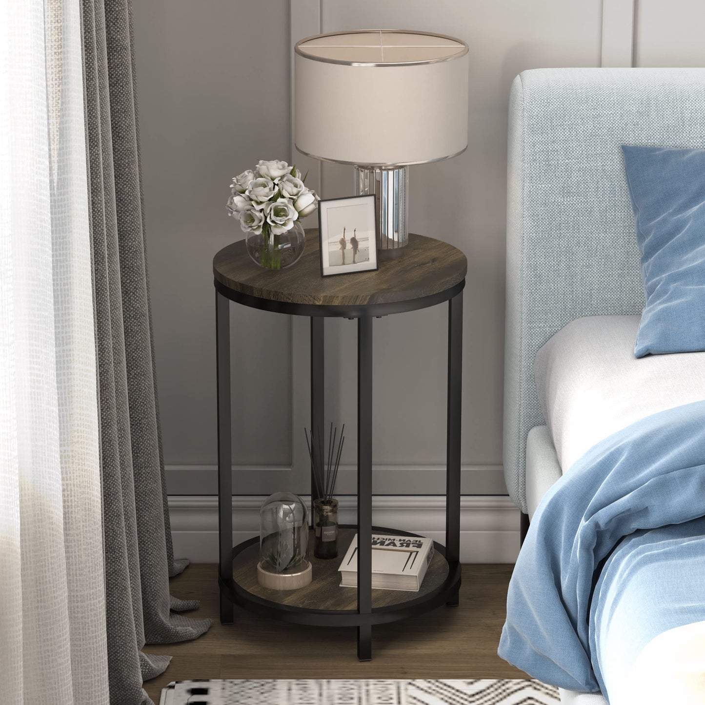 NSdirect Round Side Table Set of 2,16in Rustic Wooden End Table Surface Top & Sturdy Metal Legs Nightstand for Living Room Bedroom Farmhouse Sofa Table with Storage Open Shelf,Rustic Brown
