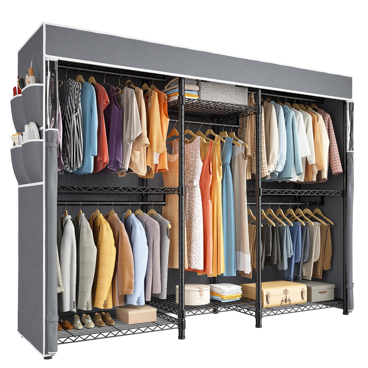 Raybee Heavy Duty Clothes Rack with Cover Loads 900LBS Portable Clothing Rack for Hanging Clothes,Adjustable feet for stability, Black, 74.9" Wx17.8 Dx76.9 H