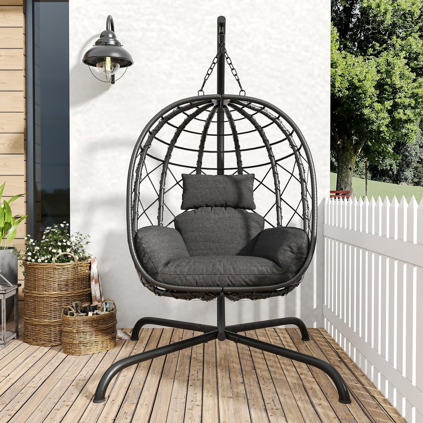 Hanging Egg Chair with Stand Patio Wicker Rattan Swing Chair Hammock Egg Chair for Indoor & Outdoor 400lbs Capacity with Thickened Cushion for Bedroom Balcony Garden