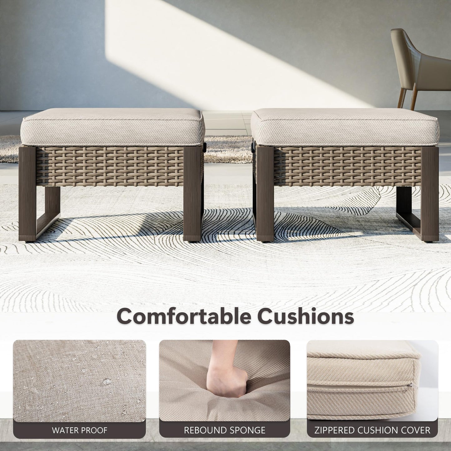 MaxMulti Patio Ottomans Set of 2, Outdoor Wicker Footrest with Thickened Cushions, Multipurpose Metal Patio Furniture for Outdoor, Backyard and Deck Use (Beige)