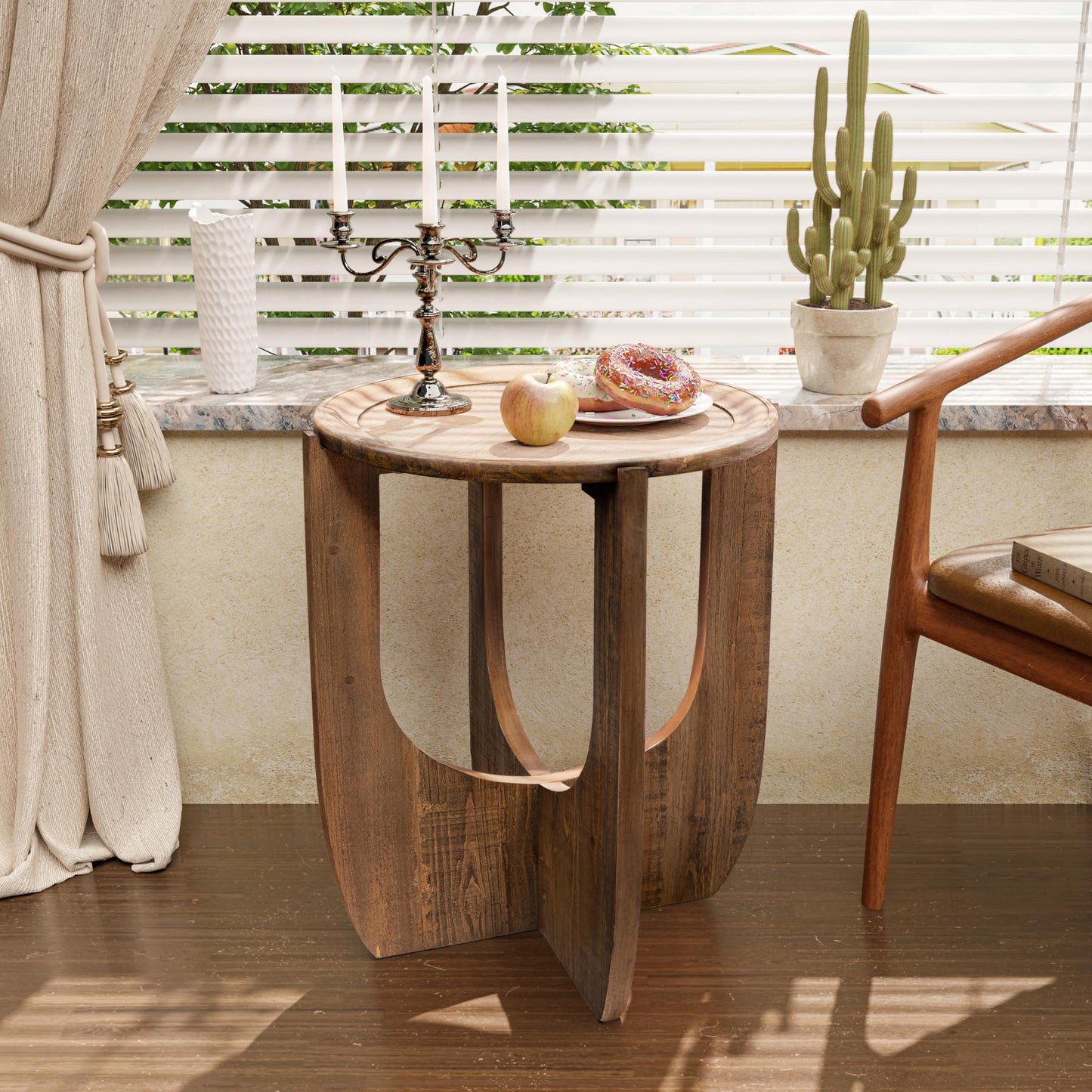 COZAYH Rustic Farmhouse End Table, French Country Accent Side Table for Family, Dinning or Living Room, Small Spaces, Modern, Round, Brown End Table