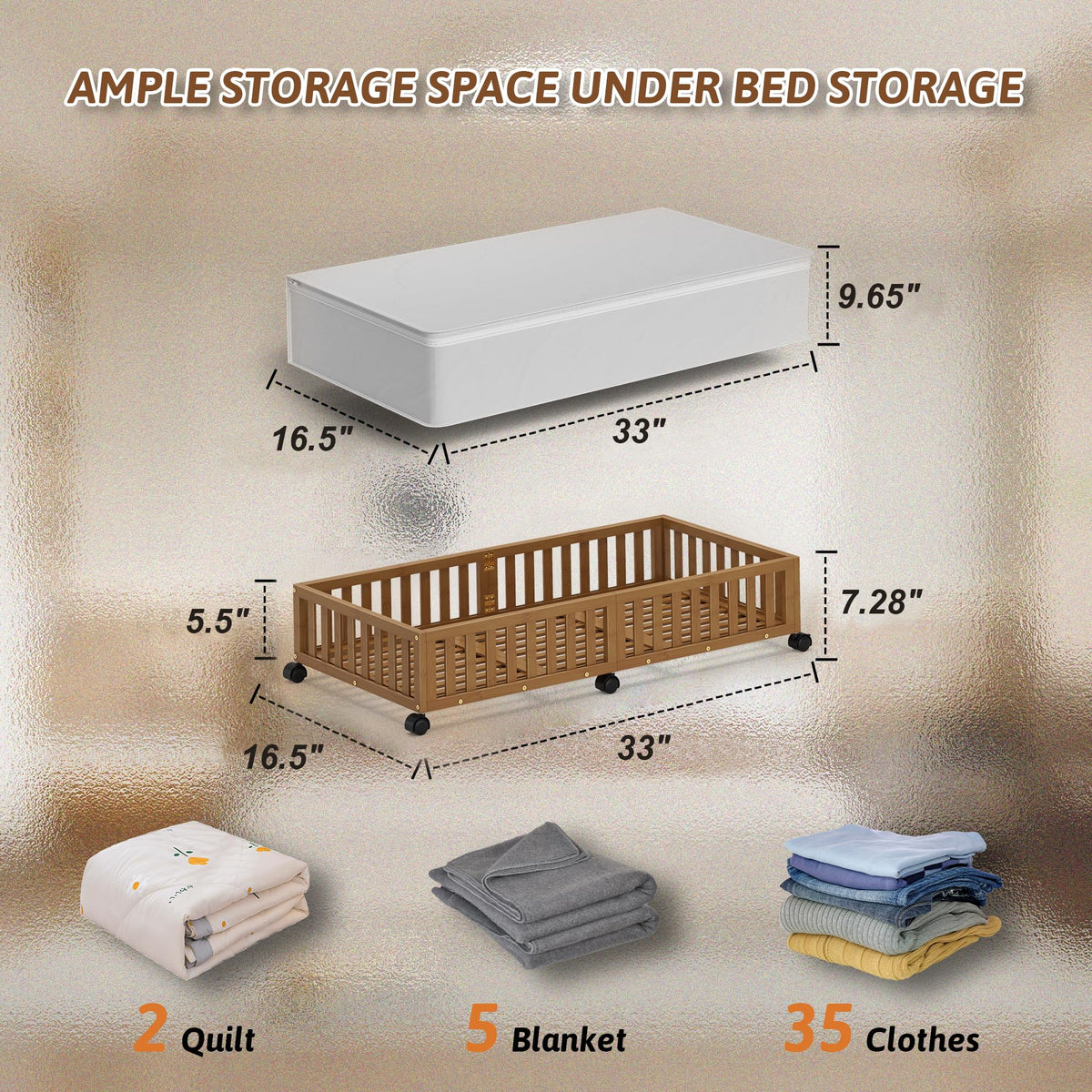 Bamboo Under Bed Storage Containers with Wheels, 2 Pack Large Under the Bed Shoe Storage Bins, Wood Rolling Underbed Drawers Organizer for Bedroom Closet Clothes Blanket Under Crib Toy Walunt
