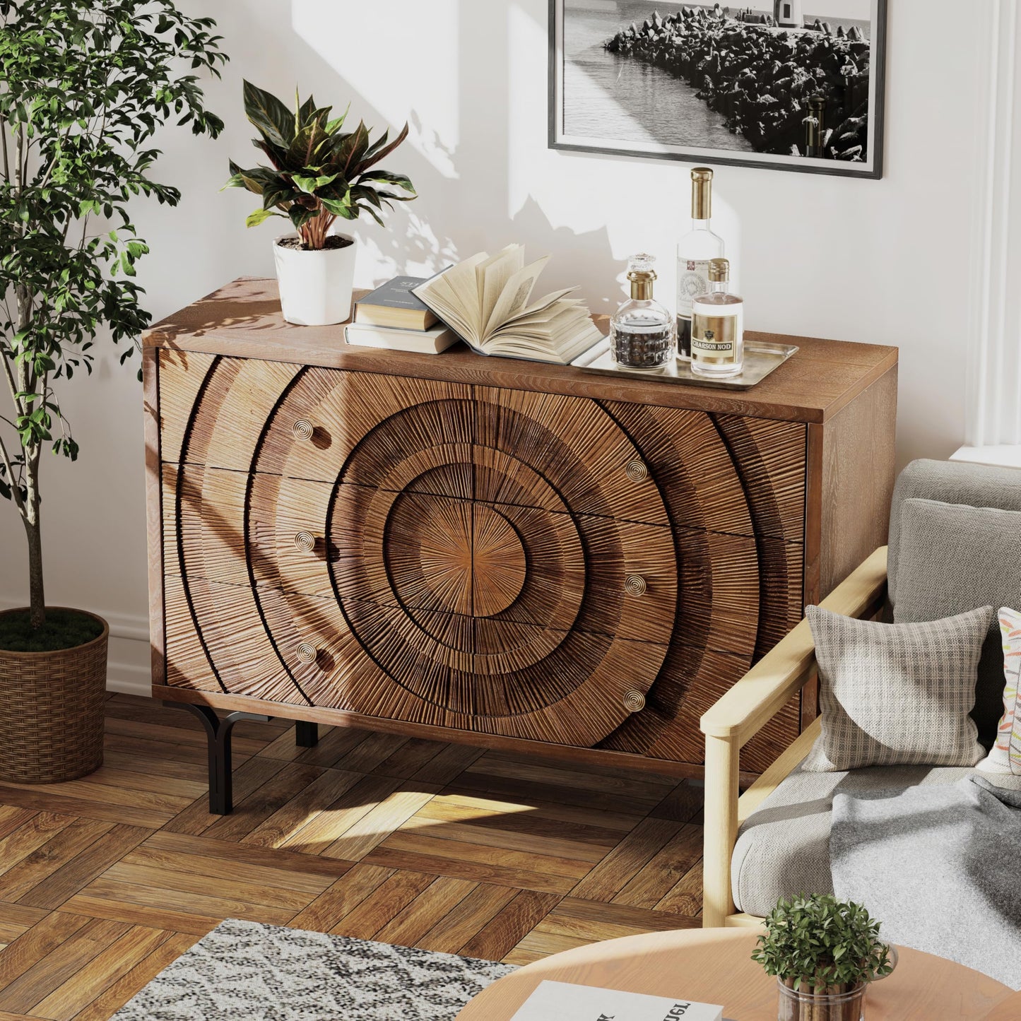 Aoikax Farmhouse 6-Drawer Dresser, Accent Wooden Chest of Drawers with Circle Pattern and Radioactive Wood Lines,Accent Storage Dresser for Living Room, Bedroom, Brown