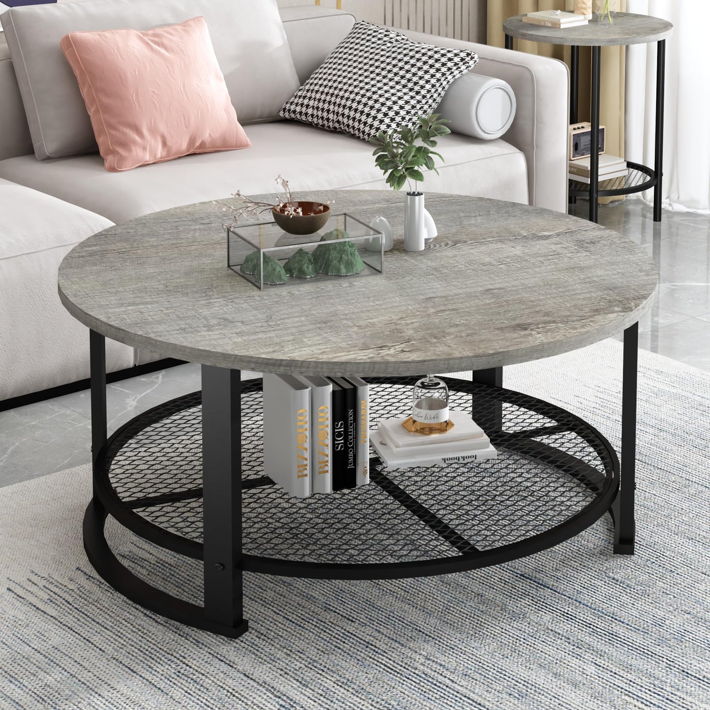 DKLGG Living Room Coffee and End Table Sets, Wooden Modern Rustic Center Table with Two Side Tables, 3 Piece Living Room Coffee Table Set with Storage for Living Room, Apartment (Grey)