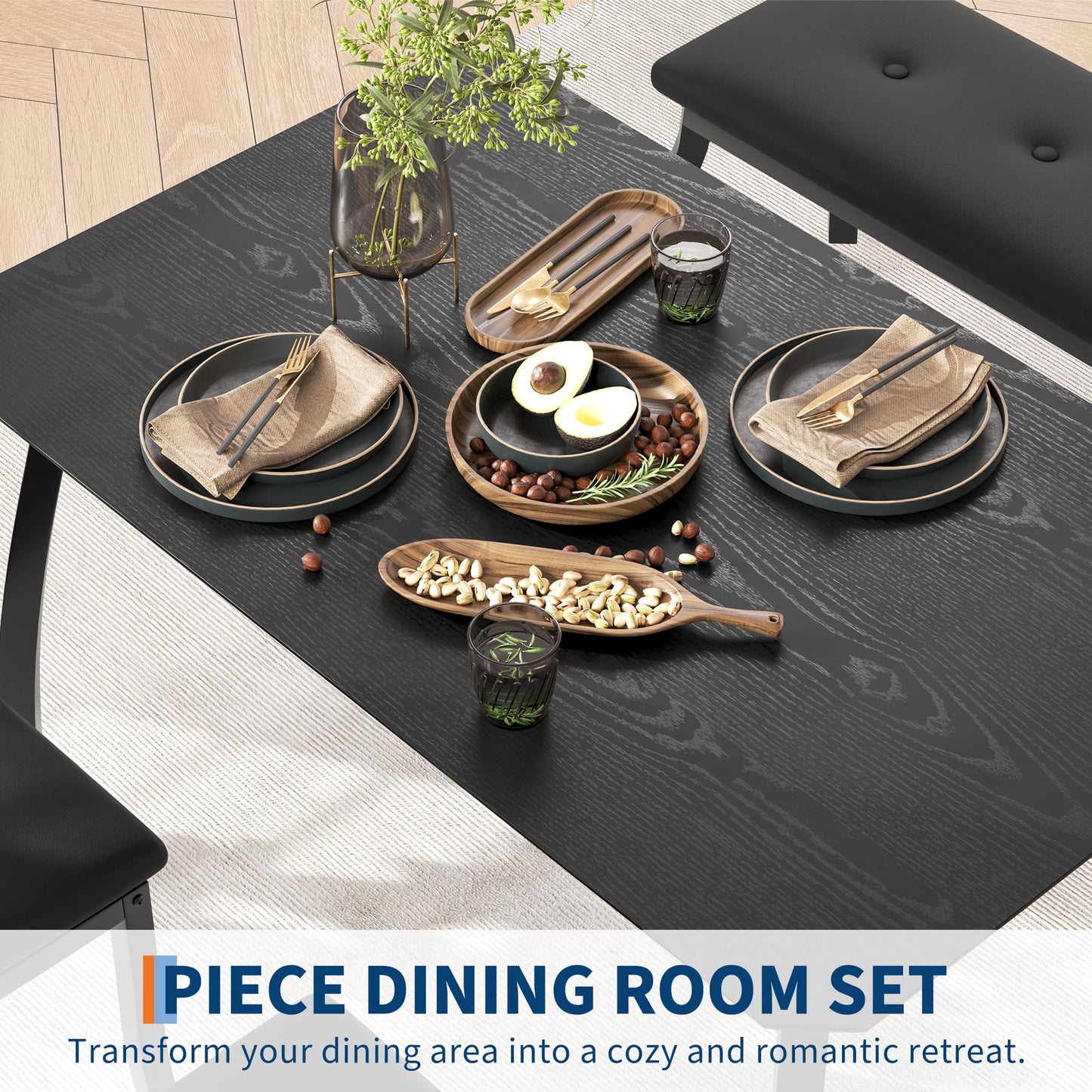 GarveeHome Dining Table Set for 4, Sturdy Wooden Kitchen Table with Chamfer Design and Metal Legs, Upholstered Bench & 2 Classic Dinner Chairs, Kitchen and Dining Set for Home Dinner, Party, Black