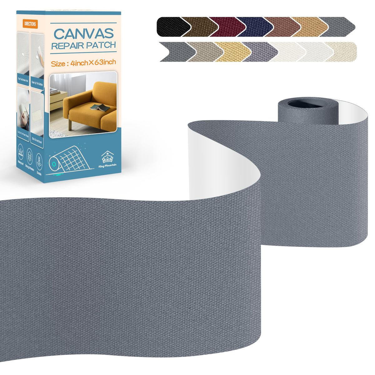 KING MOUNTAIN Canvas Repair Tape,Outdoor Gear Patch, 4×63 Inches,Waterproof,Self-Adhesive for Repairing Boat Covers,Sun Shades,Sofas,Tents,Lounge Chairs,Awnings (Grey-1)