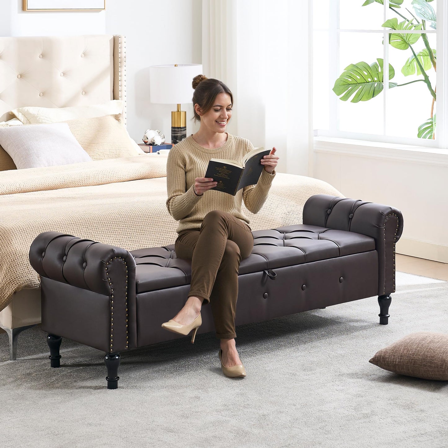 HOMYKA Storage Bench for Bedroom, 67" End of Bed Bench, Faux Leather King Size Bench with Rolled Arms, Tufted Button Ottoman Benches, Upholstered Bench for Bedroom, Living Room, Entryway, Dark Brown