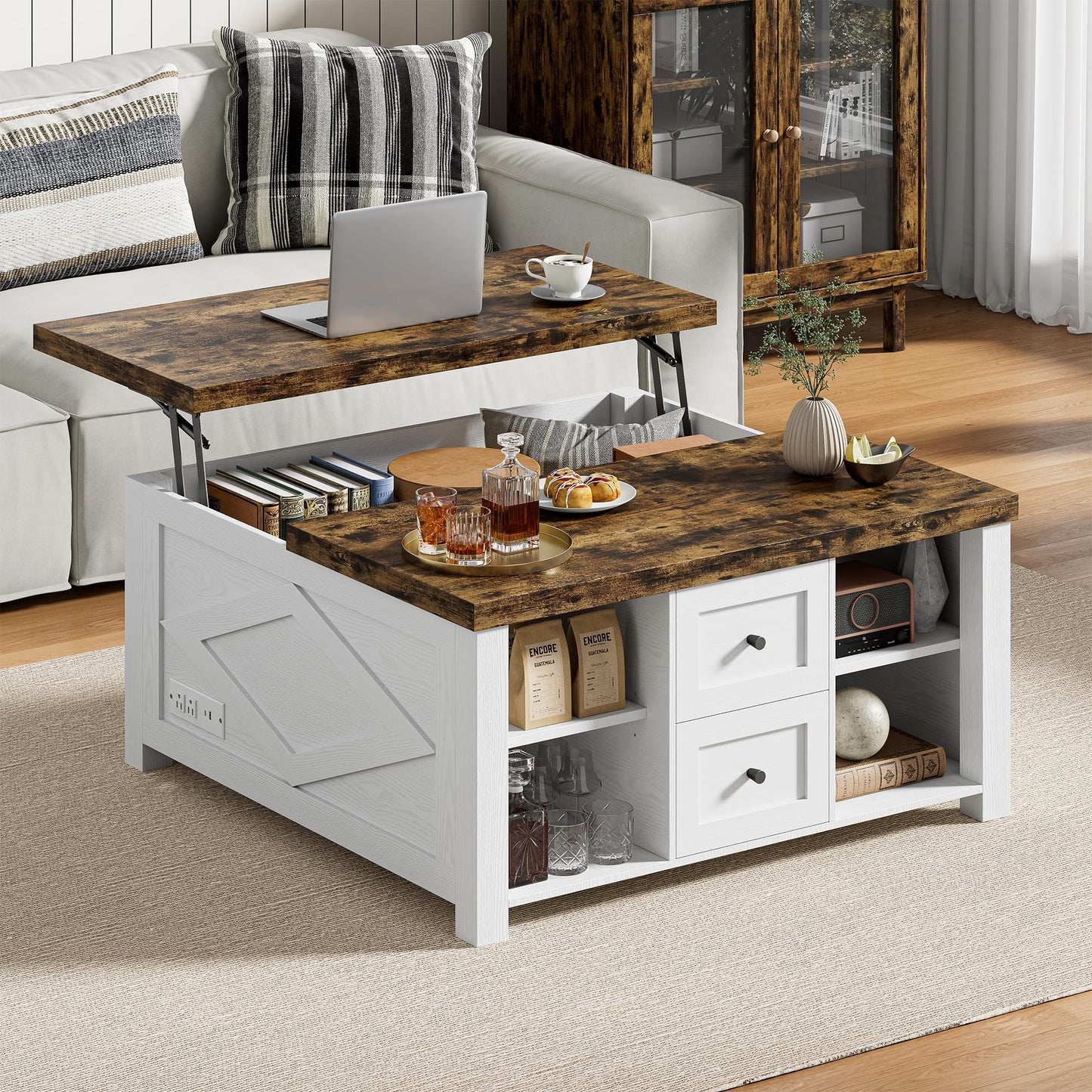IRONCK Lift Top Coffee Table with Storage, Square Coffee Tables for Living Room with Charging Station and Drawers, Farmhouse Coffee Table with Large Storage Space, White