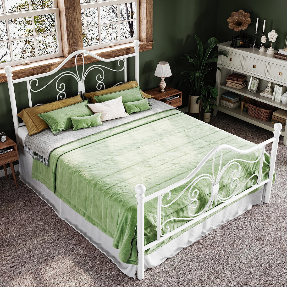Allewie Queen Size Bed Frame with Headboard,Metal Bed Frame with Butterfly Pattern Design Headboard & Footboard,No Box Spring Needed,Easy Assembly,White