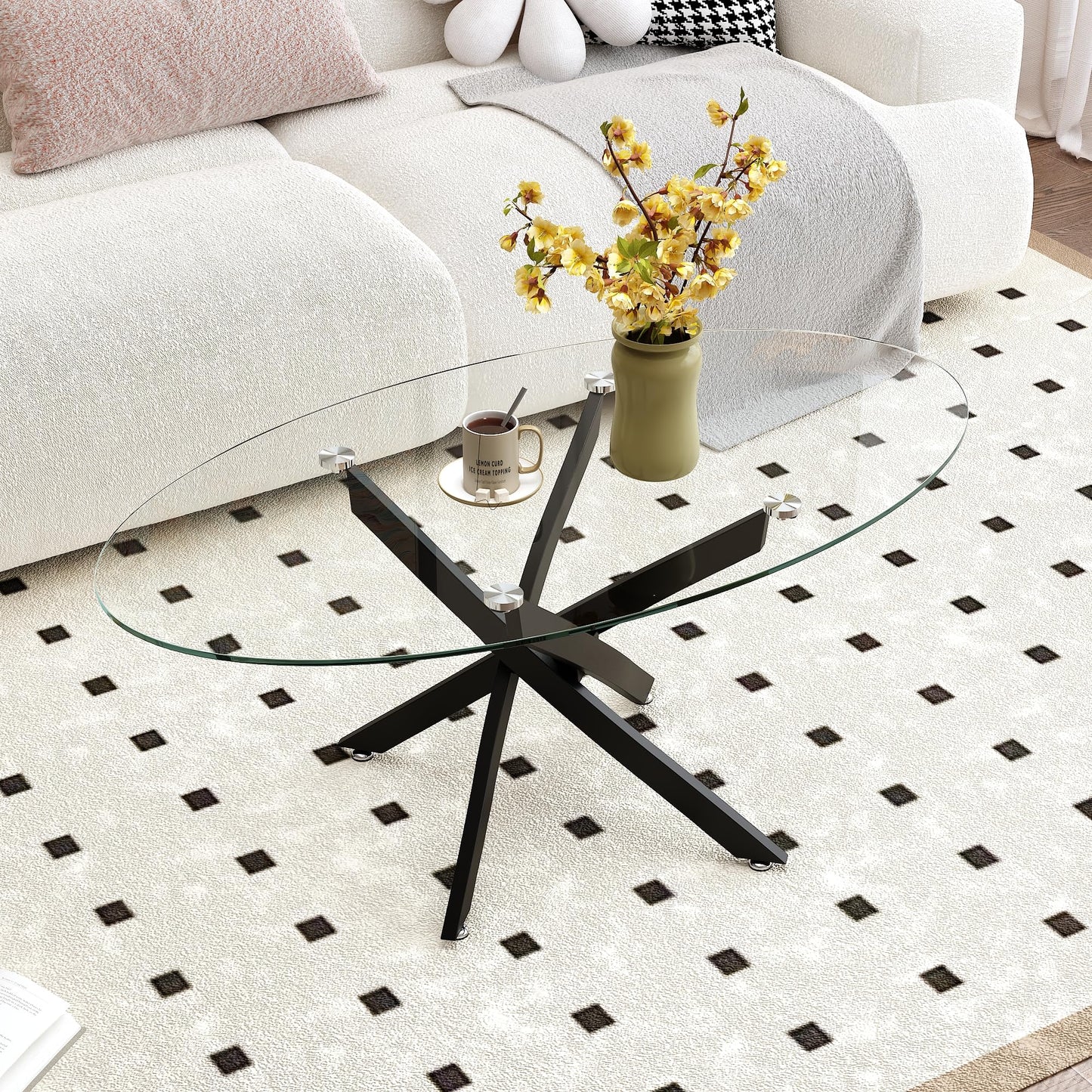 GOLDFAN Oval Coffee Table Modern Living Room Table with Tempered Glass Top and Black Metal Legs Contemporary Stylish Center Table Tea Table for Living Room Bedroom