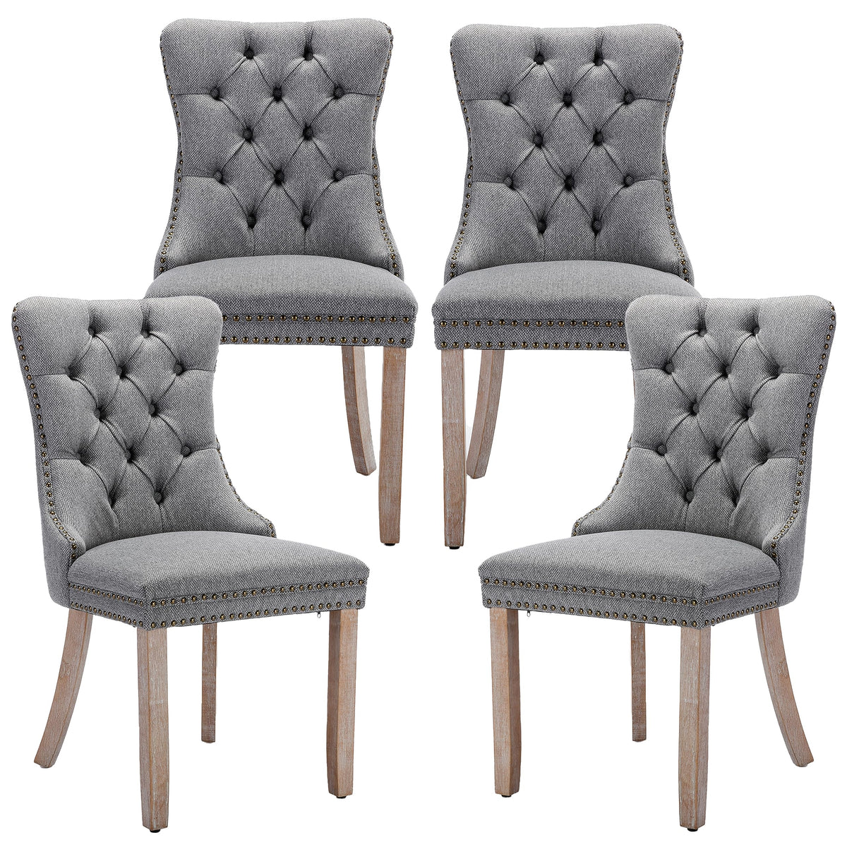 LKTART Upholstered Dining Chairs Set of 4 with Button Tufted, Linen Chair with Solid Wood Legs for Dining Room, Living Room, Bedroom, Kitchen Grey