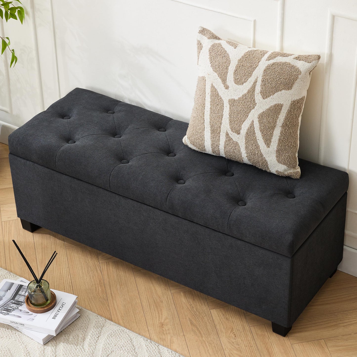 Mangodan 43’’ Storage Ottoman Bench, Linen Entryway Benches Load up to 660 Lb, Modern End of Bed Benches for Bedroom, Ottoman with Storage Bench for Living Room, Dark Gray