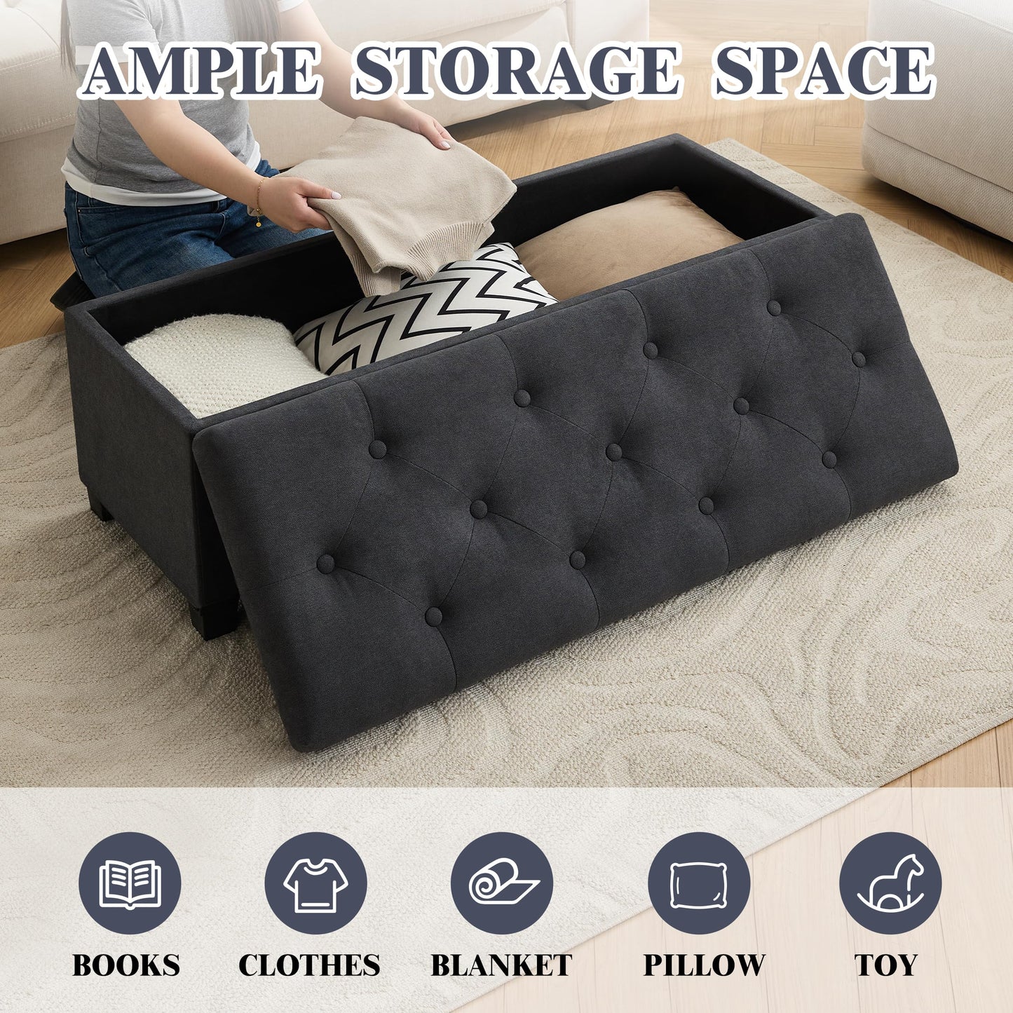 Mangodan 43’’ Storage Ottoman Bench, Linen Entryway Benches Load up to 660 Lb, Modern End of Bed Benches for Bedroom, Ottoman with Storage Bench for Living Room, Dark Gray