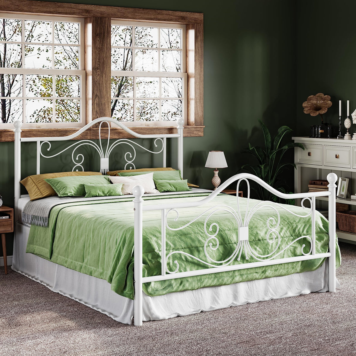 Allewie Queen Size Bed Frame with Headboard,Metal Bed Frame with Butterfly Pattern Design Headboard & Footboard,No Box Spring Needed,Easy Assembly,White